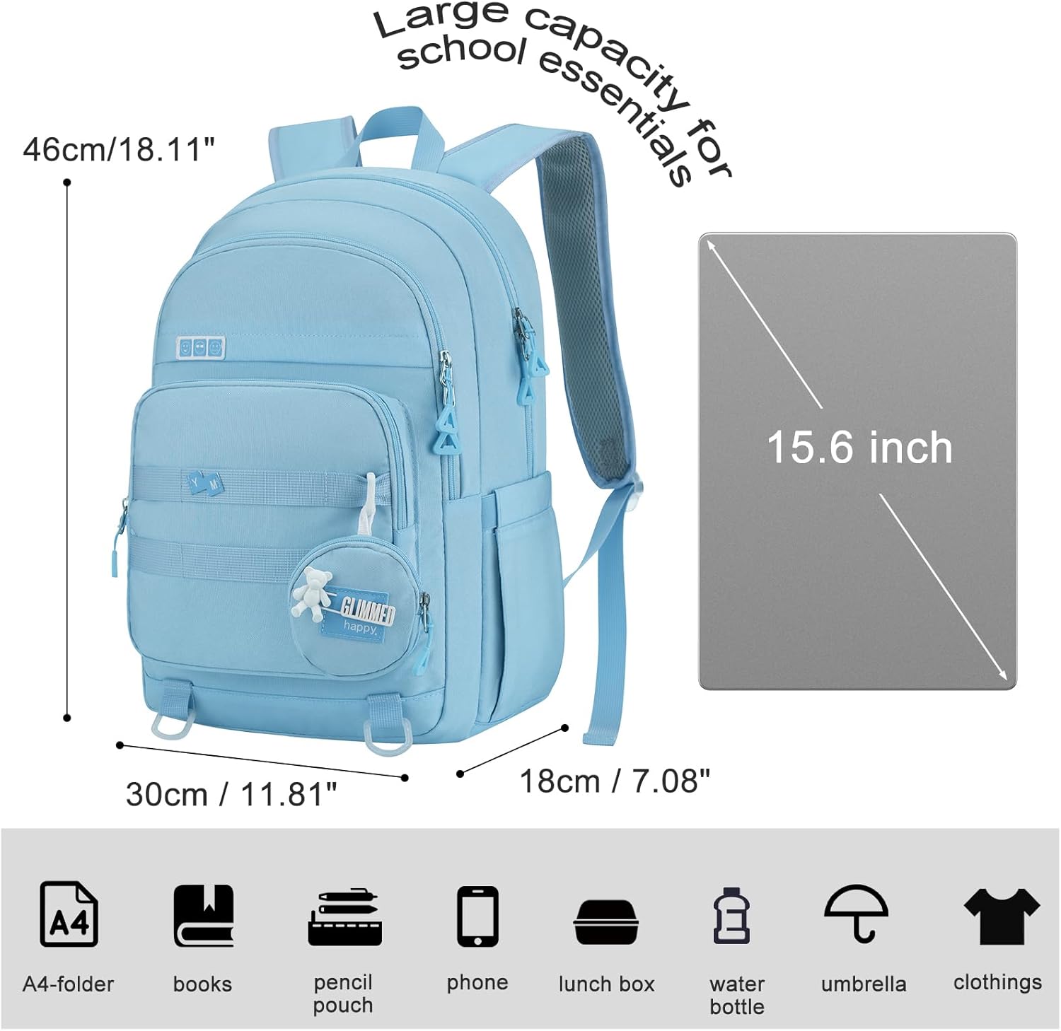 YAMTION Cute School Backpack for Teen Girls,Laptop Backpack Fits 15.6Inch Notebook,Casual Bookbag for Teens High School College Work Travel,Blue - Image 2