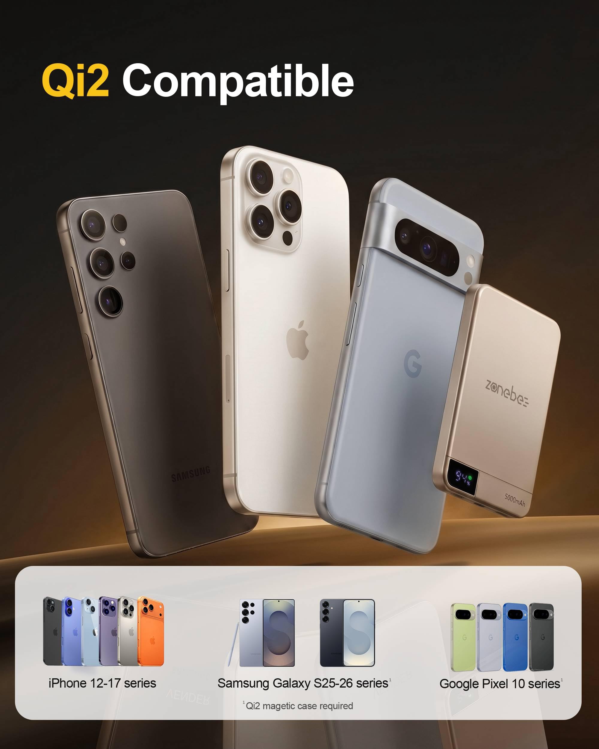 Batería externa inalámbrica de 5000 mAh, ultradelgada y ligera con carga rápida USB-C, pantalla digital, compatible con iPhone 17/16/15, Samsung S26/25, Pixel 10
