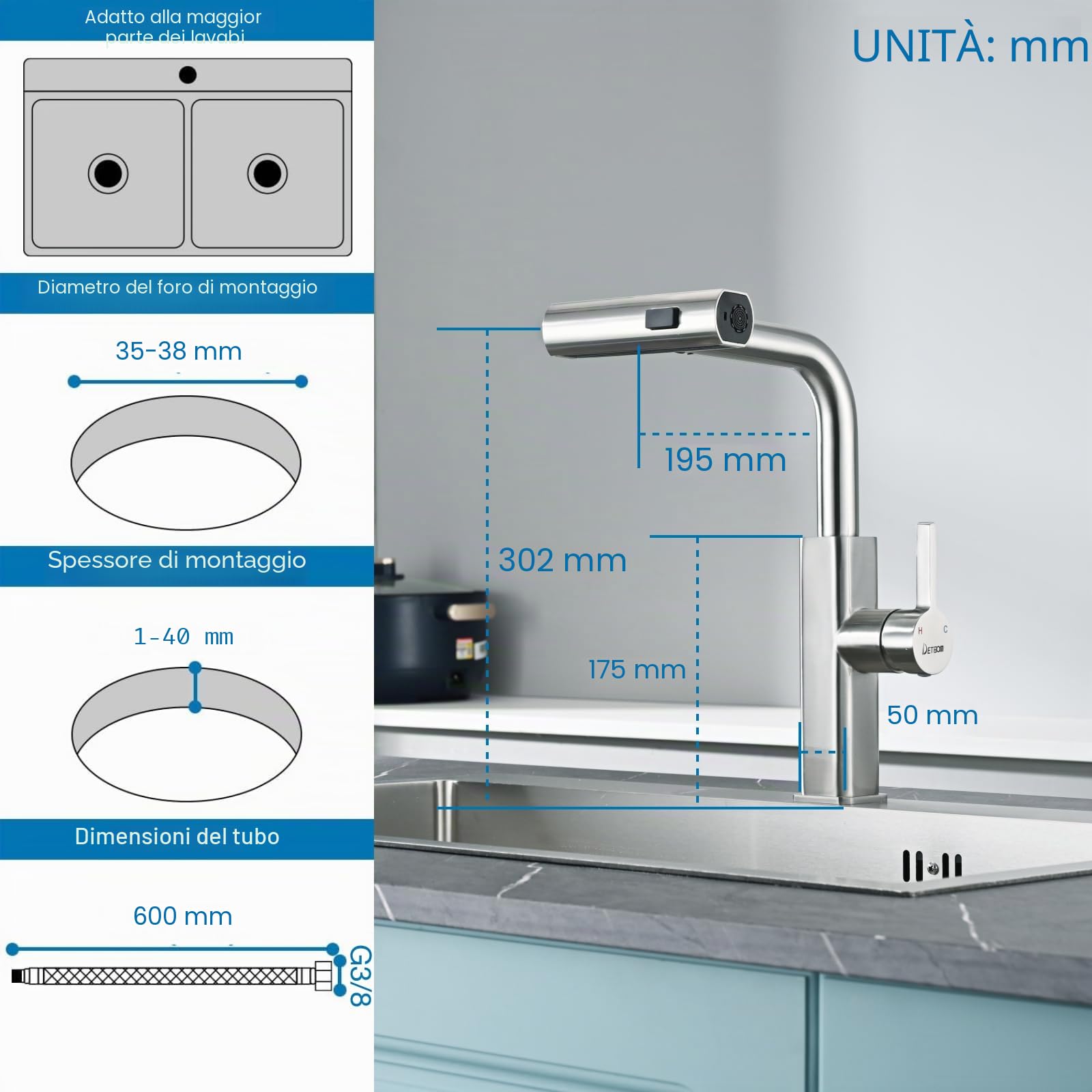 Rubinetto Cucina Estraibilecon 3 Modalità Getto, DETBOM Rubinetto Lavello Cucina Acqua Fredda e Calda, Rotazione di 360° Miscelatore Cucina, Acciaio Inox, con Aeratore Rimovibile, Finitura Spazzolata