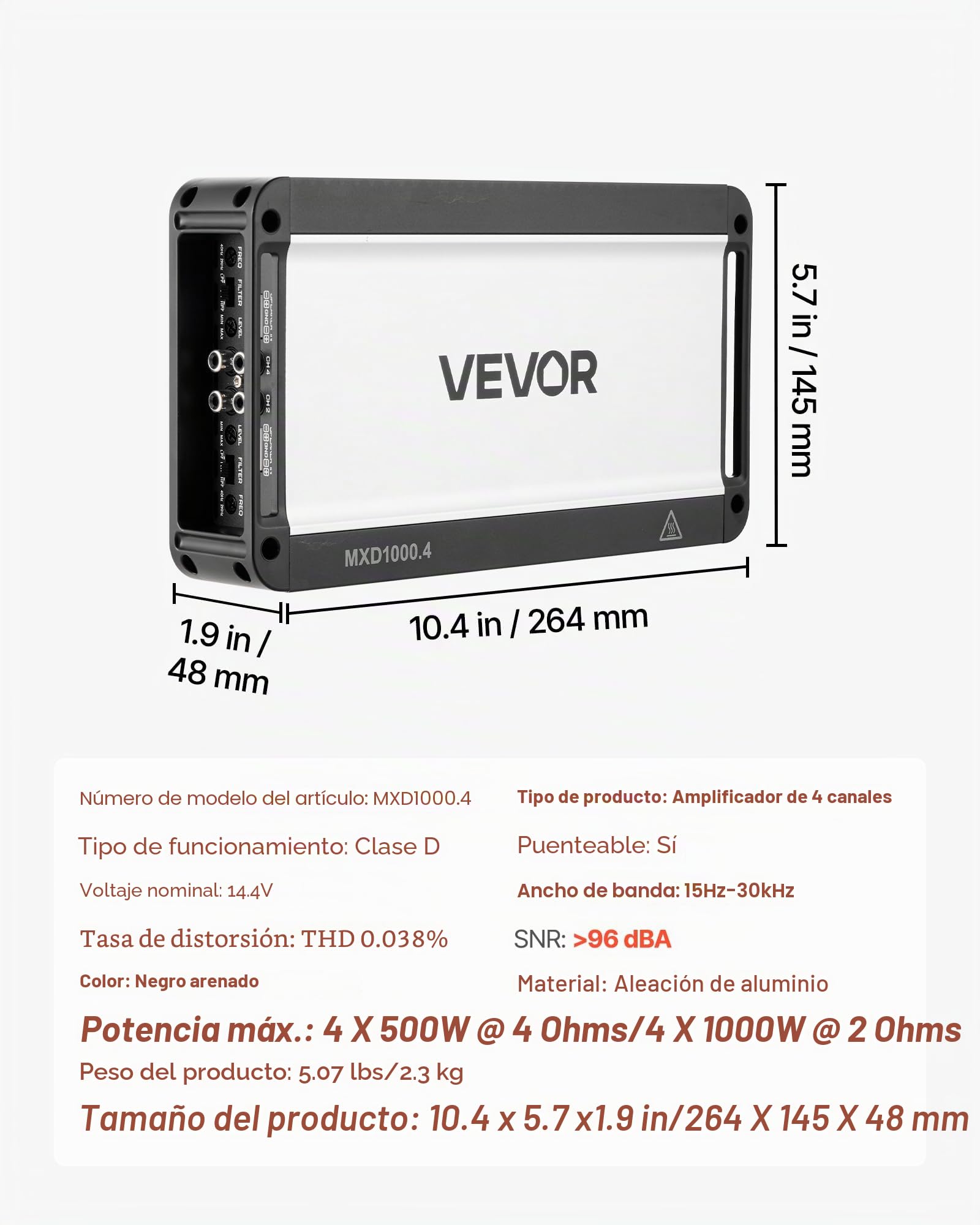 VEVOR Amplificador para Automóvil 4 Canales Clase D Máximo 4 x 500W a 4 ohmios y 4 x 1000W a 2 ohmios, Amplificador Estéreo de Audio para Coche Puenteable para Vehículo Todoterreno Camioneta Sedán SUV