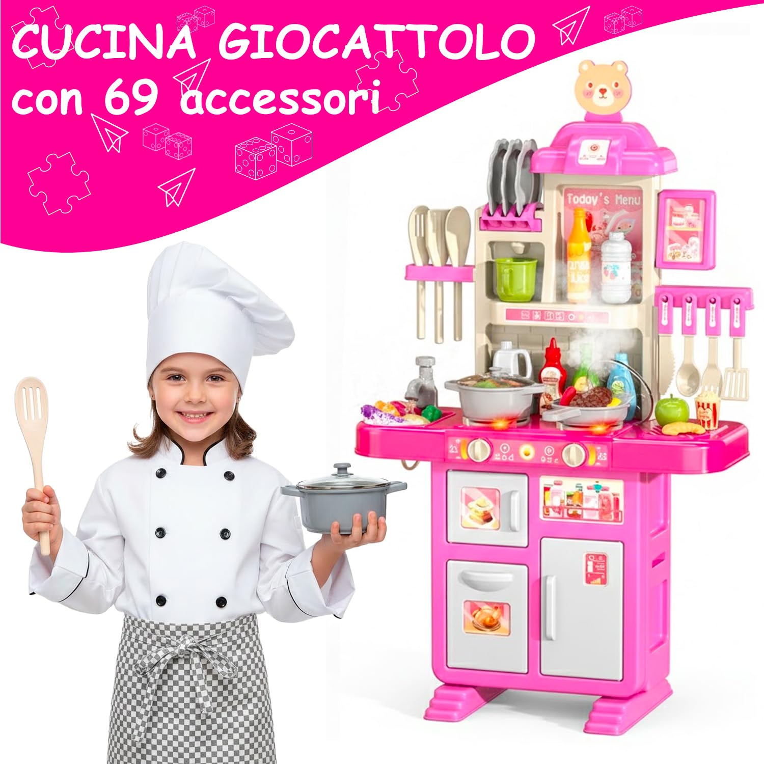 Cucina Giocattolo Per Bambini Con Luci E Suoni Realistici 69 Accessori Rubinetto Con Sistema Di Riciclo Dell'Acqua E Fornelli Per Bambini Dai 3-5 Anni Set Cucina (Rosa)