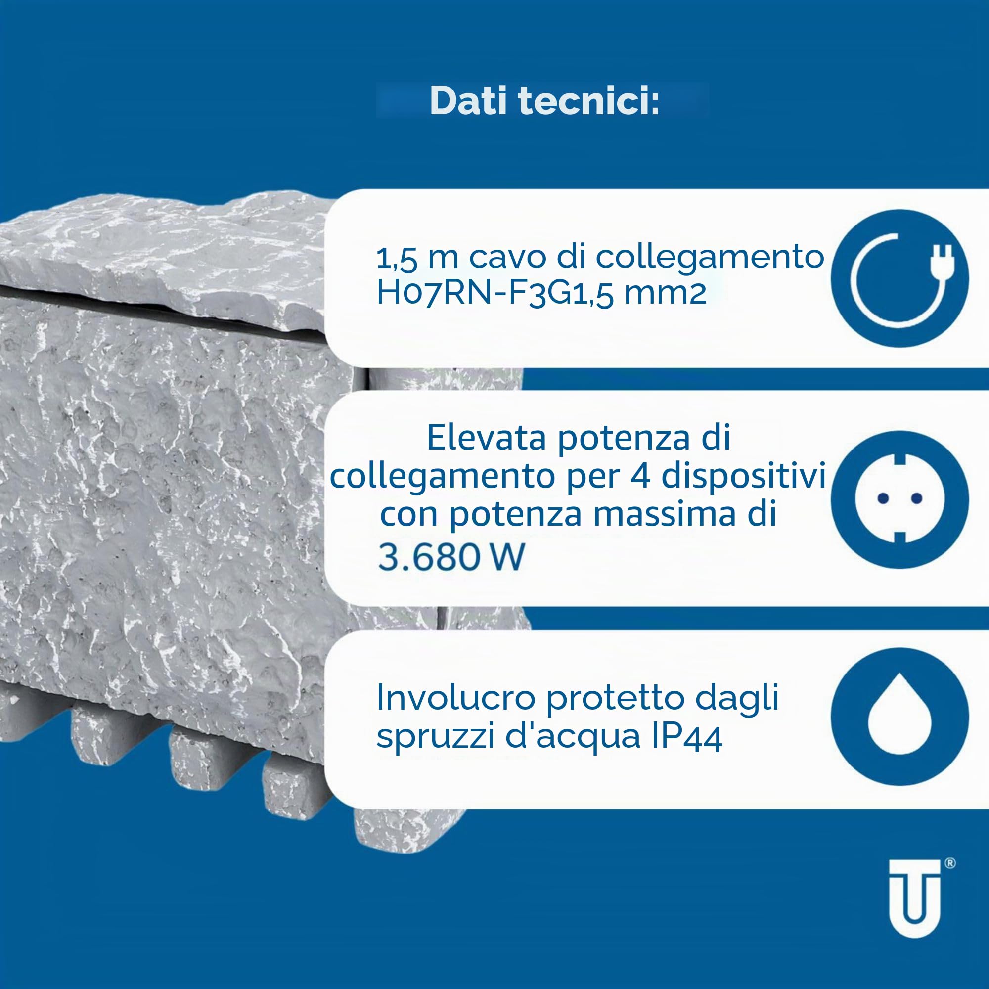 UNITEC Distributore di prese WiFi per giardino effetto pietra, presa da giardino, presa esterna, IP 44, 4 prese, cubi