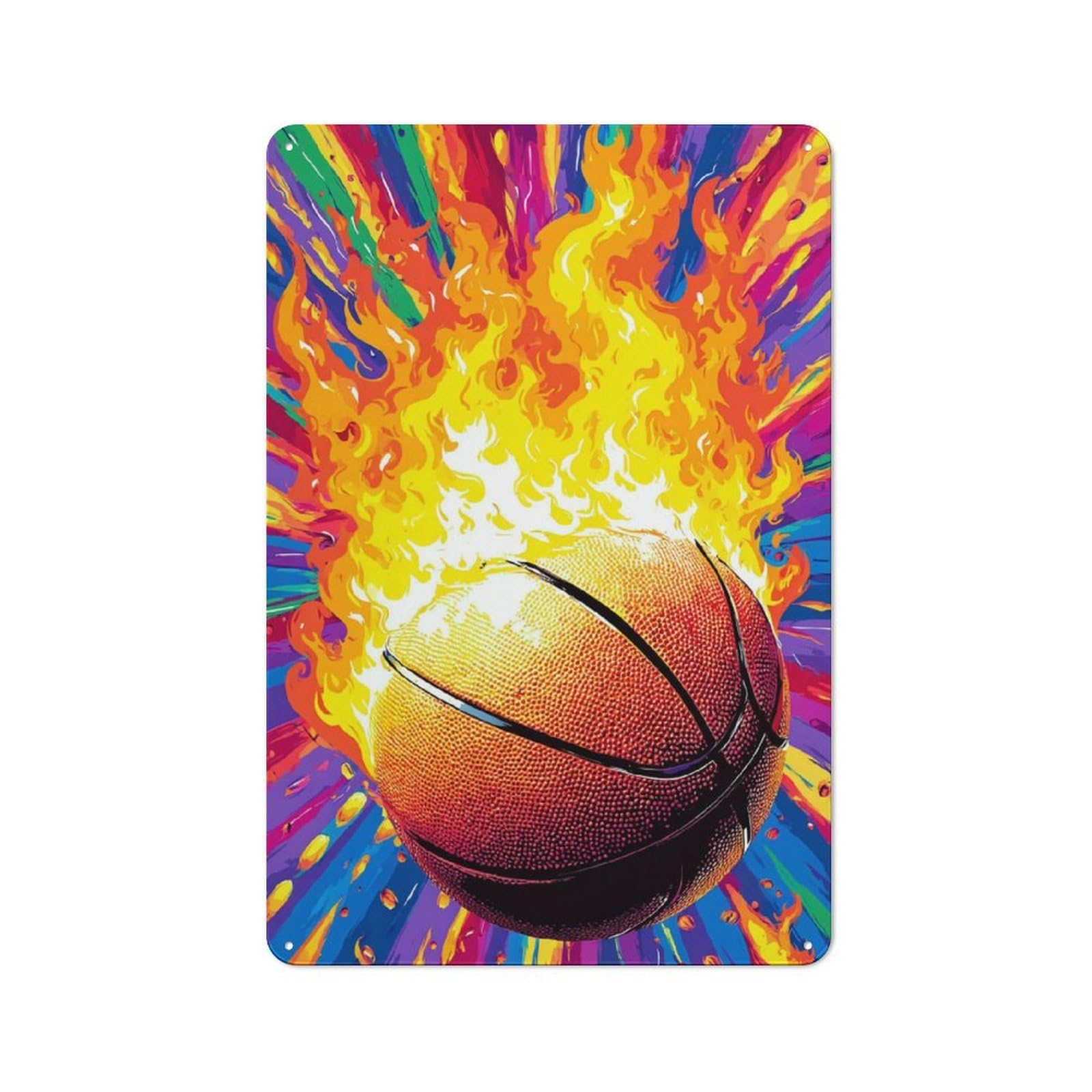 Junmoney Flaming Basketball Artwork -1 Nostalgic Metal Wall Sign 30X20cm, Classic Pub Decor For Bar, Kitchen, Garage Or Games Room