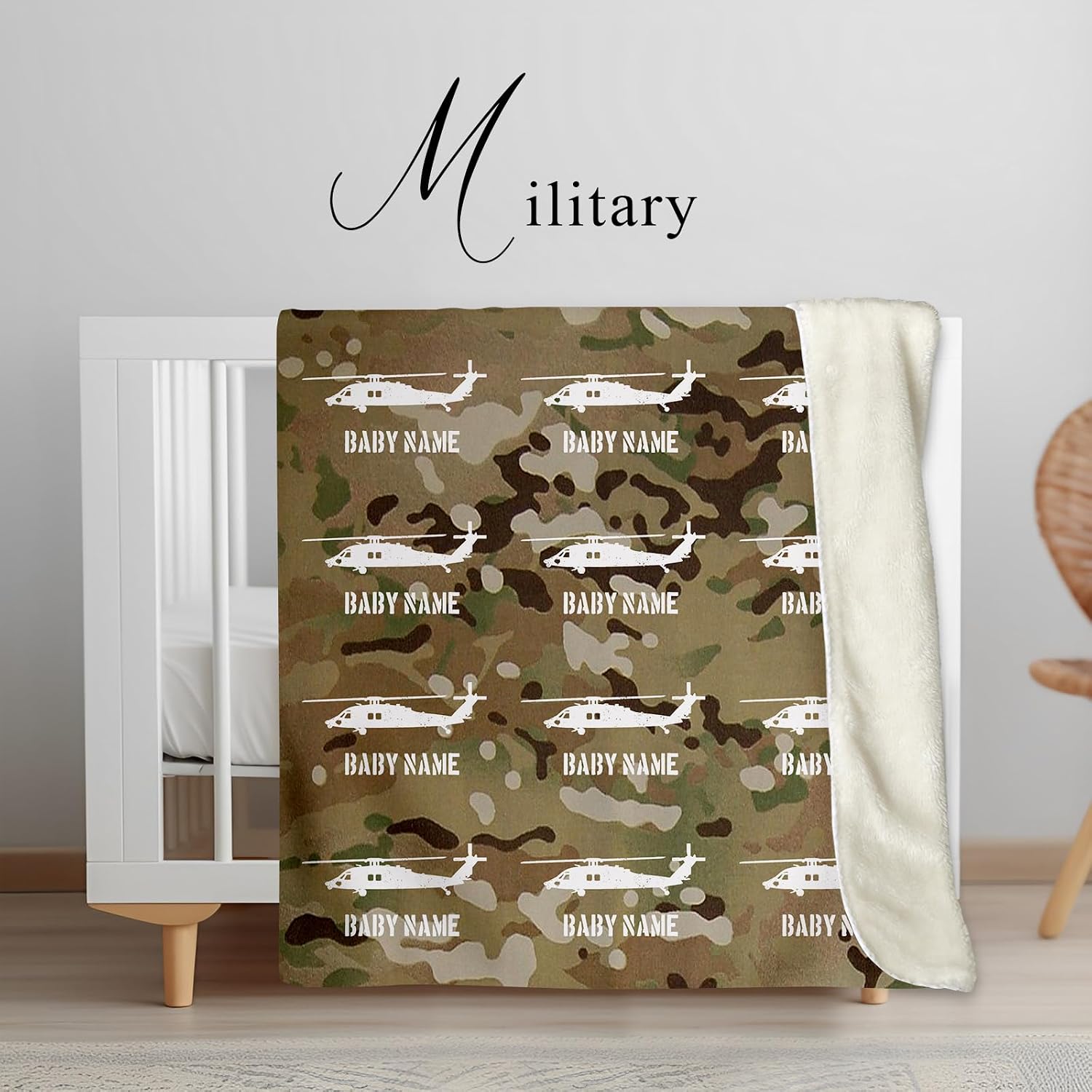 NICTIMEID Camo Baby Sherpa Blanket Personalized Name for Boys, Custom Camouflage Throw Blanket for Kids, Army-Style Blanket with Military-Themed Rifles Tanks Helicopters Fighter