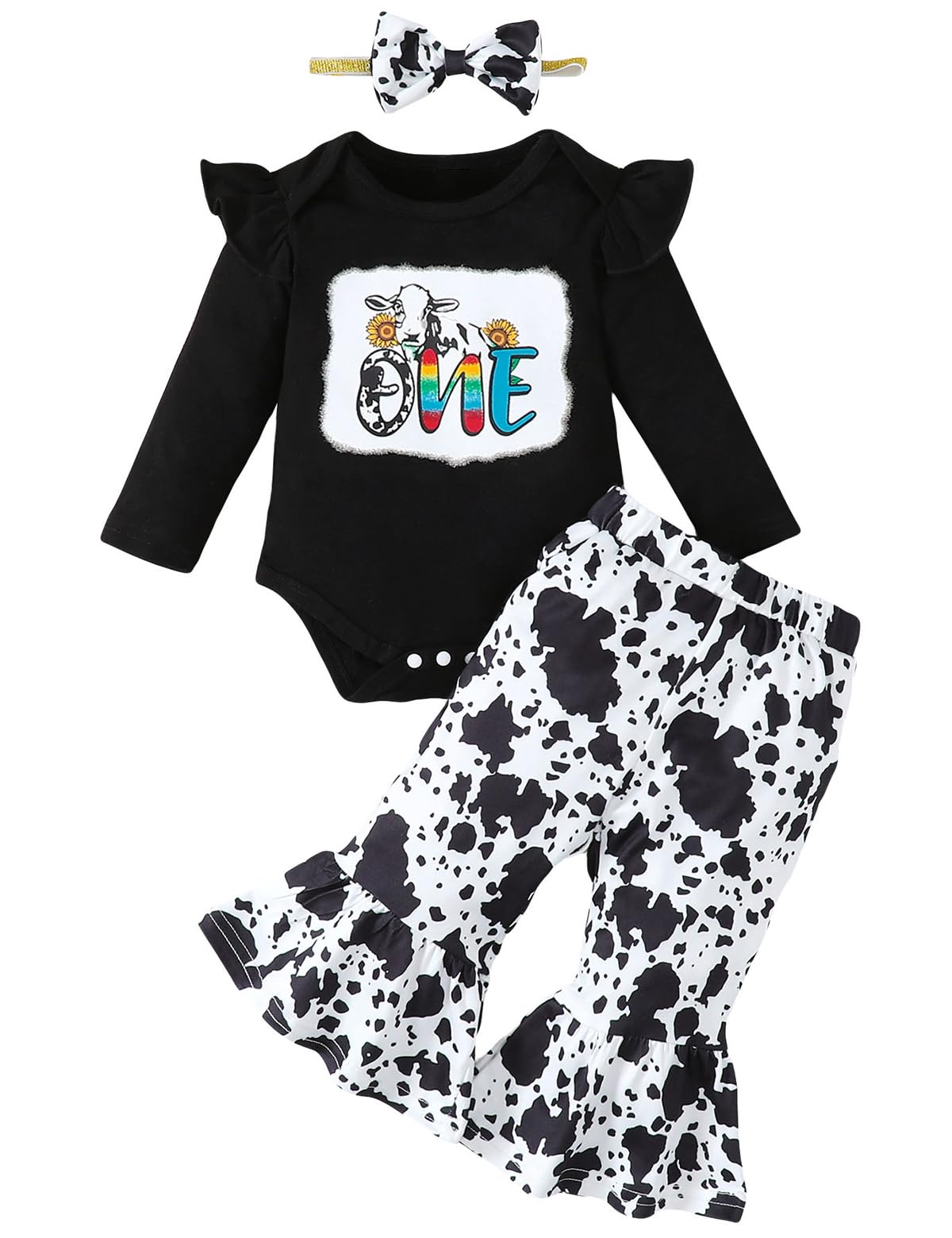 Russarnd Baby Girl 1st Birthday Outfit - Toddler Cow Birthday Clothes (Black, 18-24 Months)