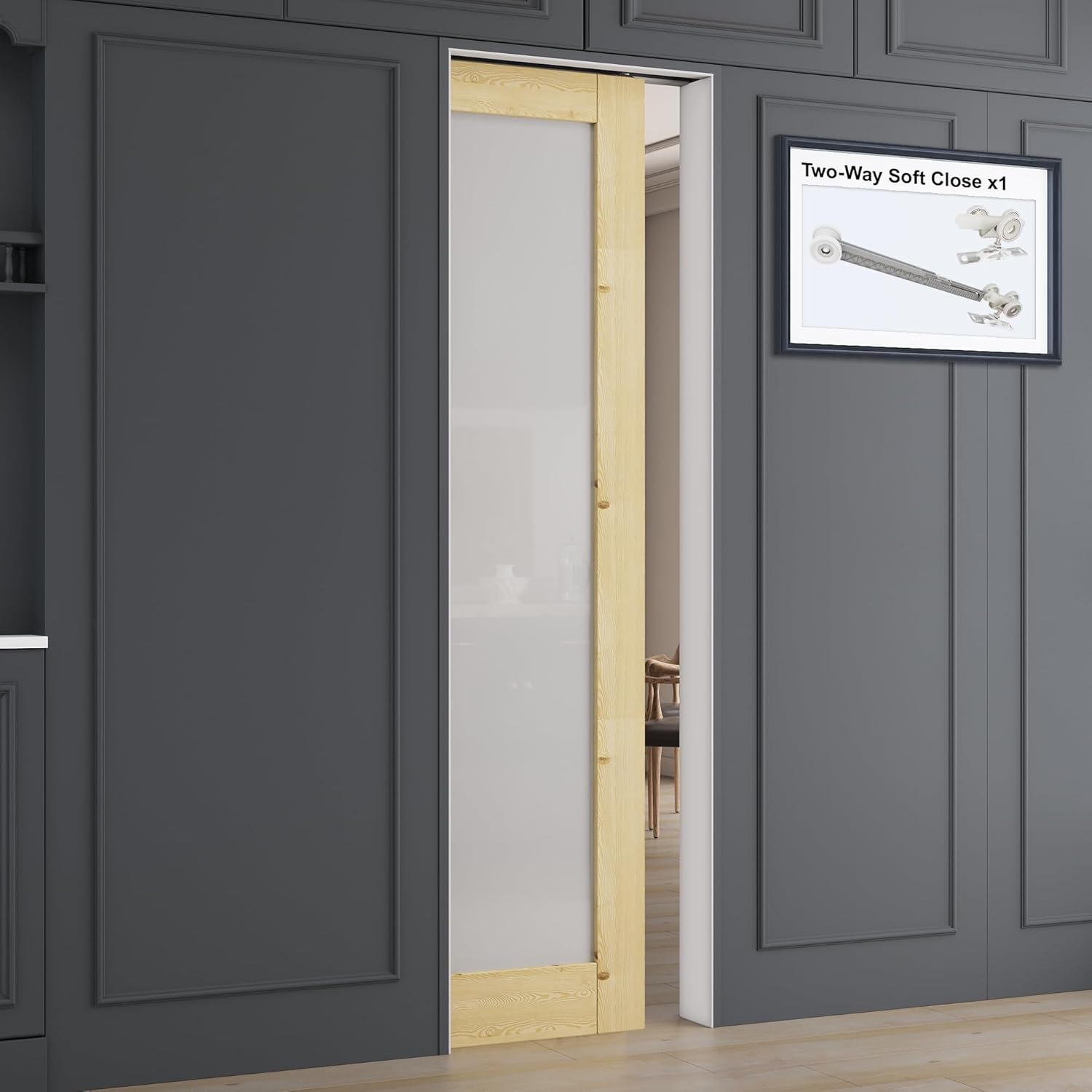 All-Inclusive Soft-Close Sliding Pocket Door 18" x 80" Frosted Glass & Pine Wood Sliding Door with Frame & Hardware Kit, Pocket Interior Doors for Home, Unfinished