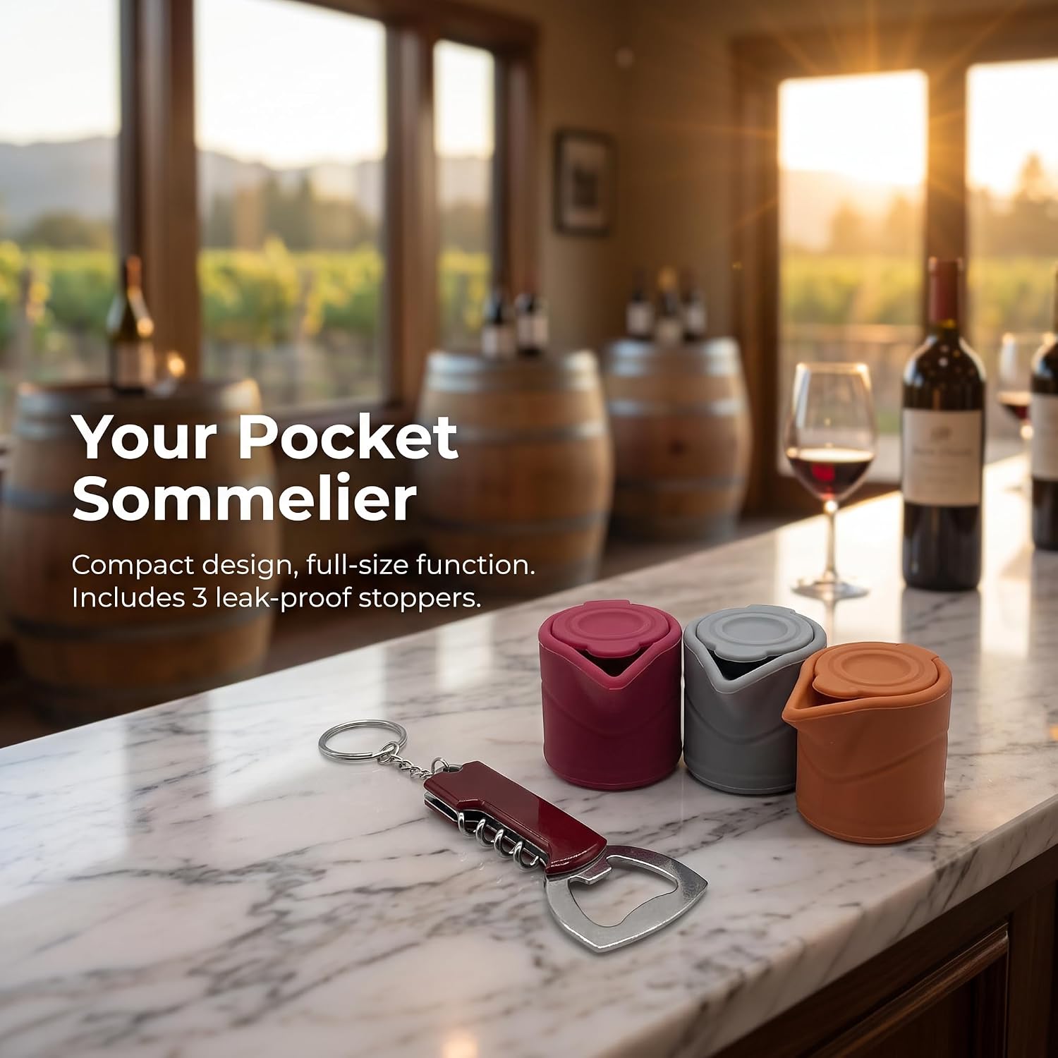 Travel Wine Pour Spout Stoppers and Opener Set Silicone