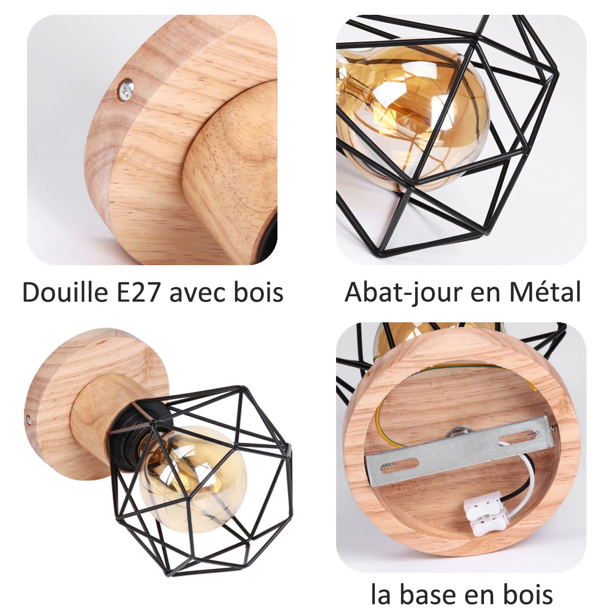 TOKIUS Lot De 3 Suspensions Lumineuses Vintage Industrielles - Lustre Métal Et Bois Pour Salon, Cuisine Et Chambre