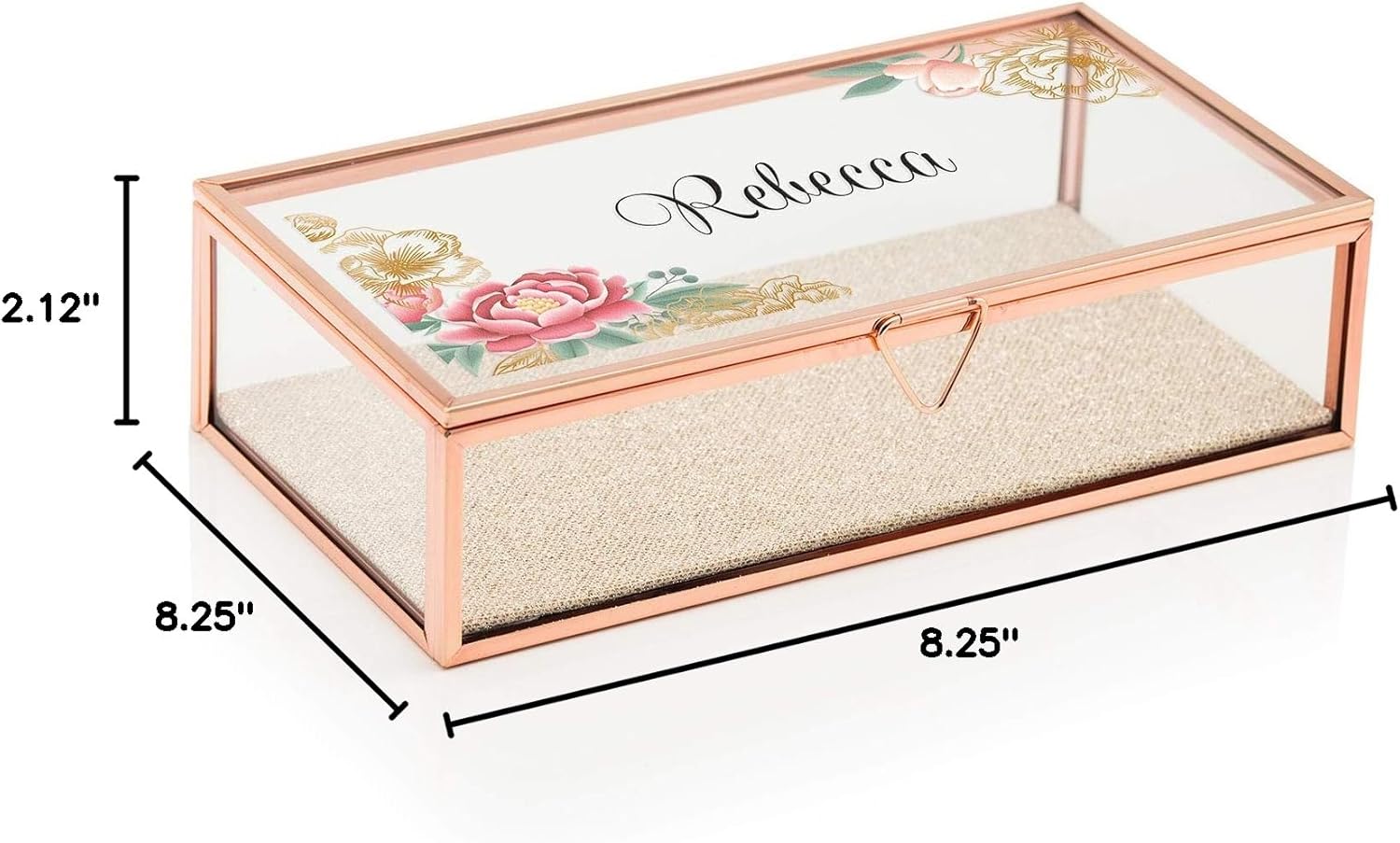 WEDDINGSTAR Personalized Large Rectangle Glass Jewelry Box Organizer Rose Gold Edges - Modern Floral Print