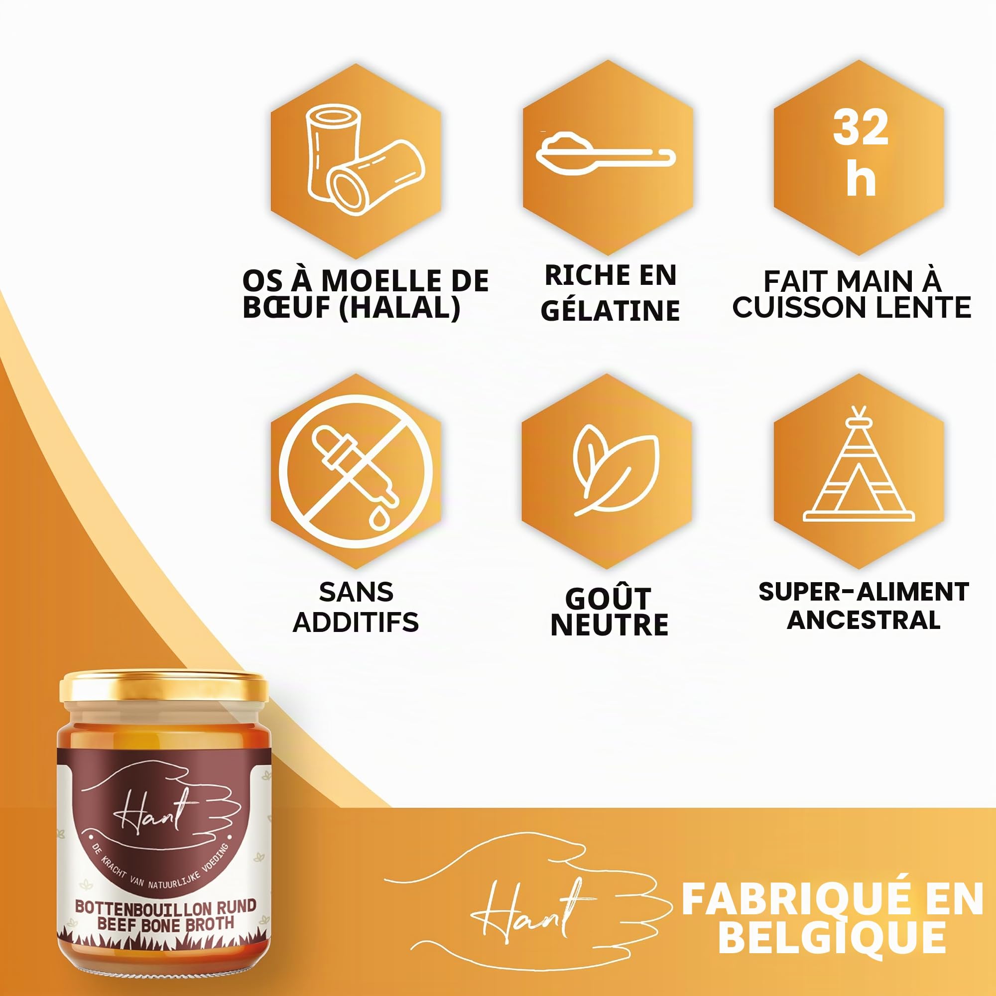 HANT | Bouillon d’os de bœuf texture gélatineuse – Halal – Presque sans goût, concentré – Bone Broth – Cuit 32 heures – Collagène & nutriments – Pour cuisiner & boire – Sans OGM, sans gluten – 400 ml