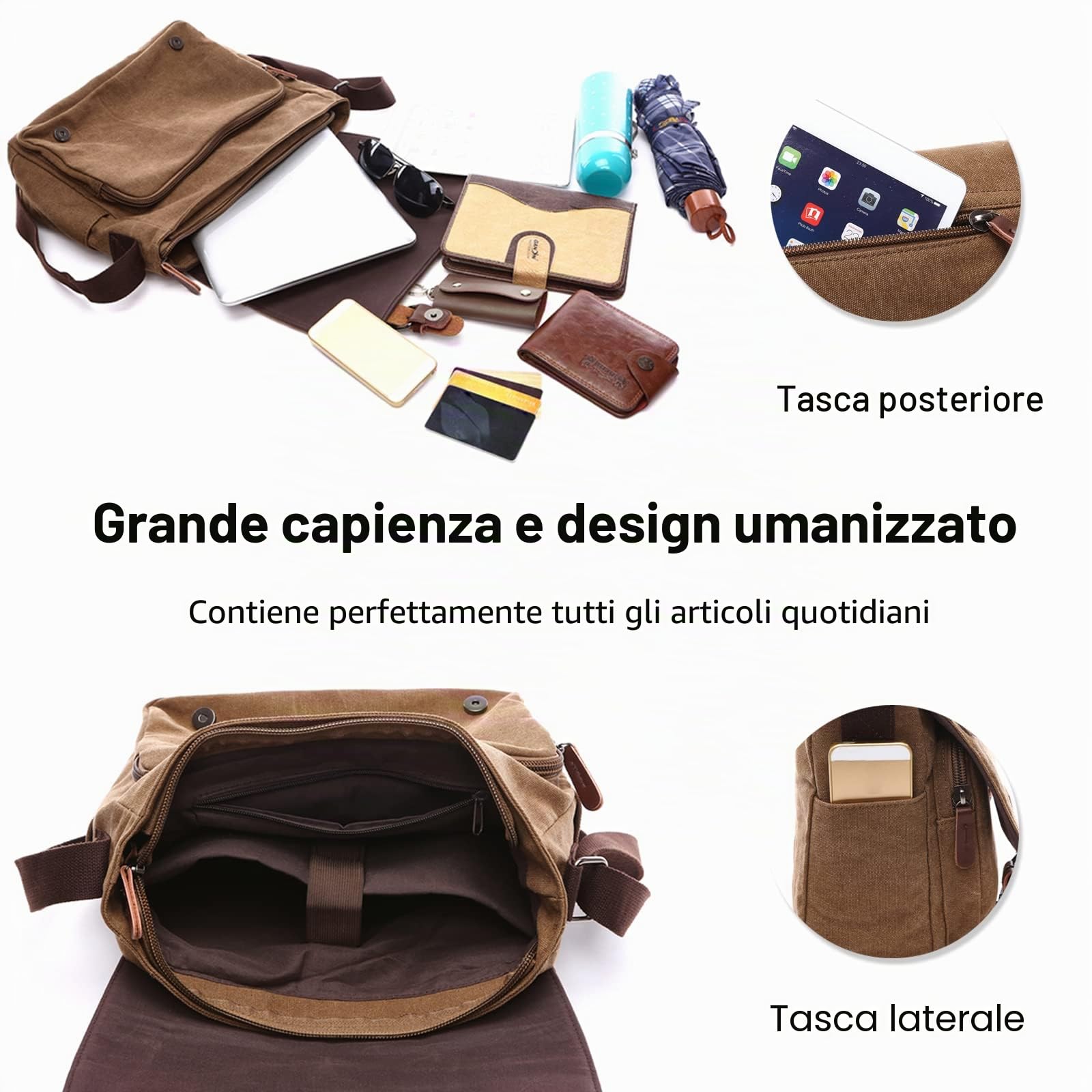 FANDARE Retrò Borse Tracolla Tela Borse a spalla Uomo Borsello Borsa a Tracolla adatto per laptop da 12,9 pollici per scuola Università Business Viaggio Lavoro Borsa a Spalla Borse e Messenger Grigio
