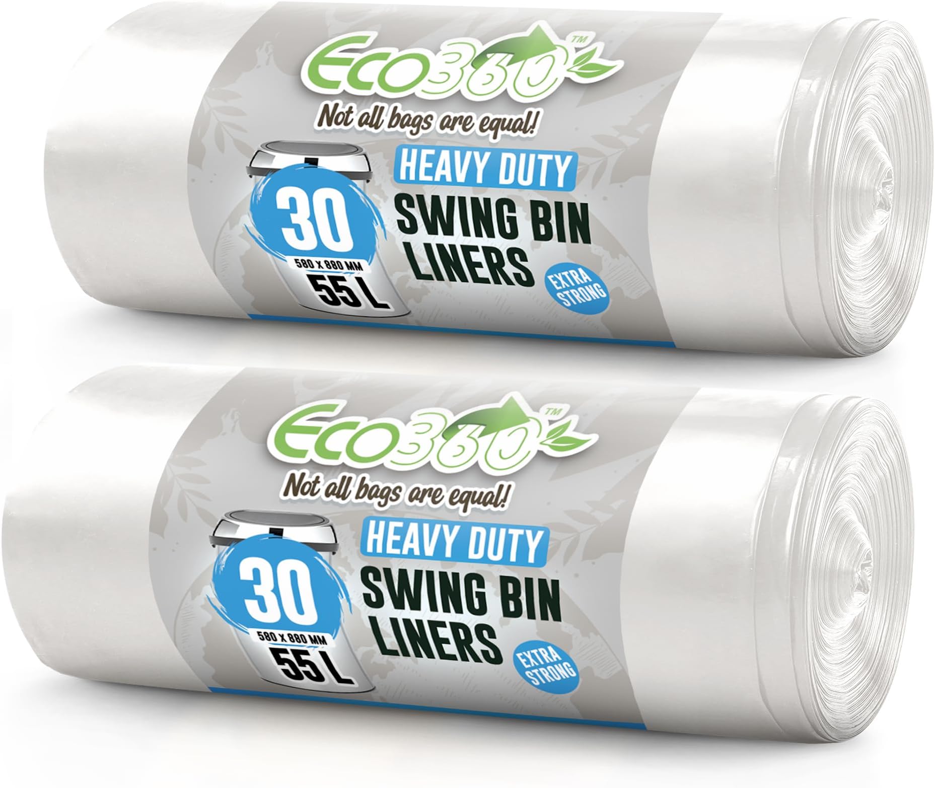 EcoBag - 60 Pack Heavy Duty White Bin Liners - 55L - 15 Microns - Extra Strong, Leak-Proof, Tear-Resistant Bags for Swing Bins, Kitchen, Home & Office (580x880mm)