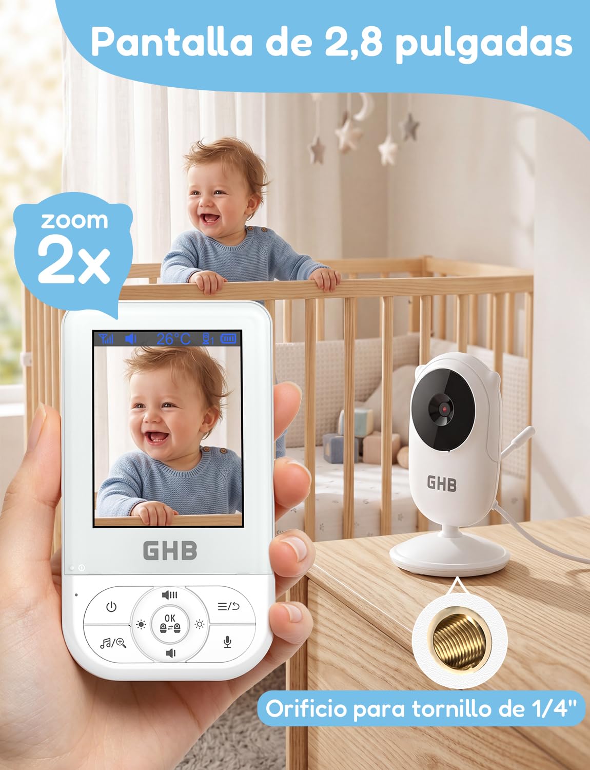 GHB Camara Vigilancia Bebe Vigilabebes con Camara de Pantalla 2.8" HD