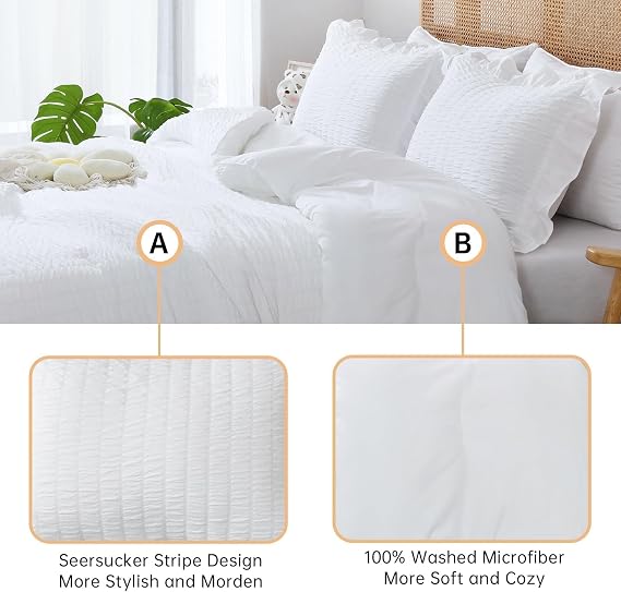 JOLLYVOGUE Pillows Queen Size Set of 4 & 3 Pieces White Seersucker Comforters Queen Size, Bed Pillows with Super Soft Down Alternative Fill
