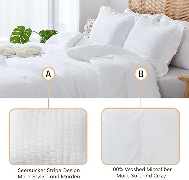JOLLYVOGUE Pillows Queen Size Set of 4 & 3 Pieces White Seersucker Comforters Queen Size, Bed Pillows with Super Soft Down Alternative Fill