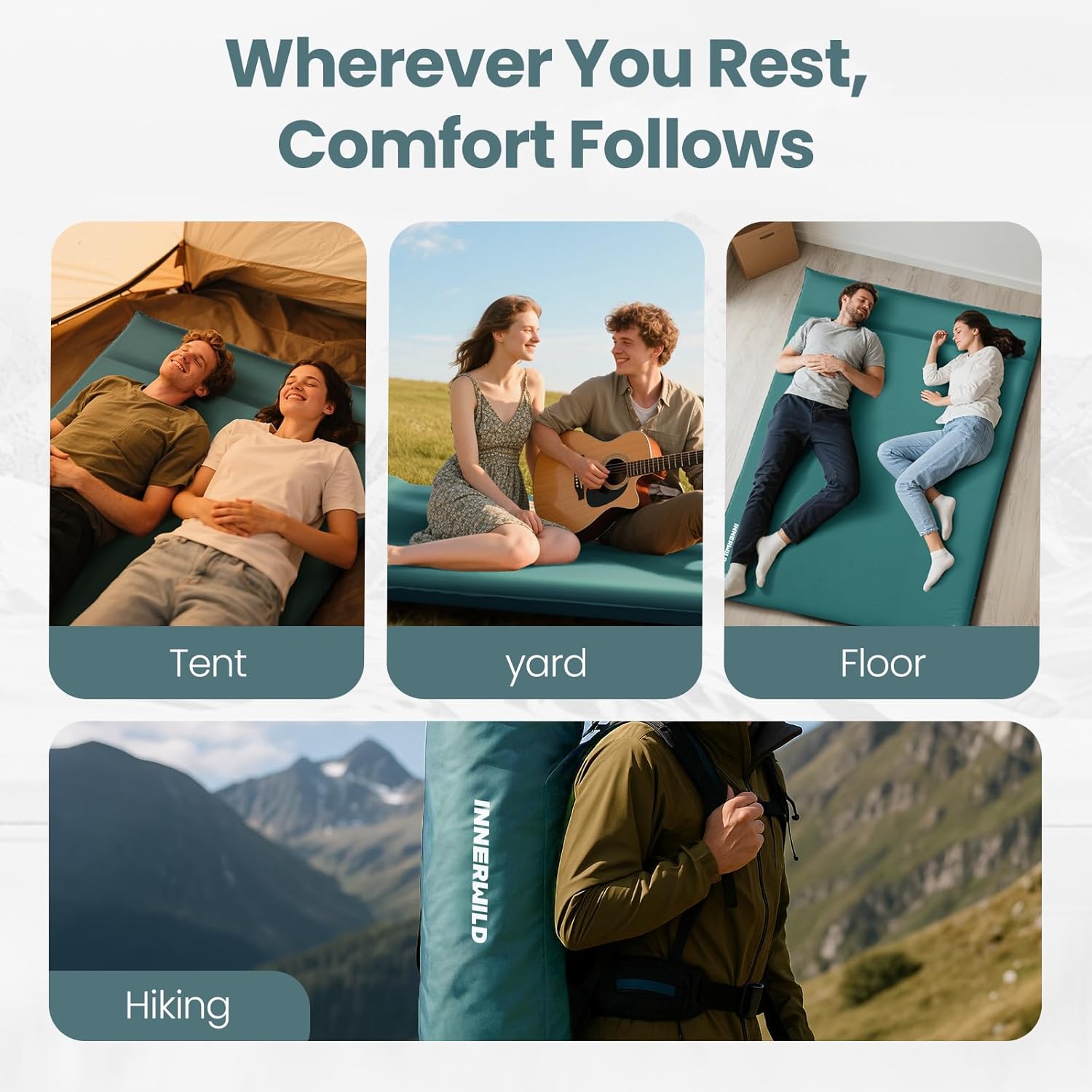 Double Camping Sleeping Pad with Electric Pump, 3.15" Thick 2 Person Self Inflating Memory Foam Mattress Pad with Pillow, Portable Sleeping Mat for Travel, Car, Tent- Dark Green, Full Size