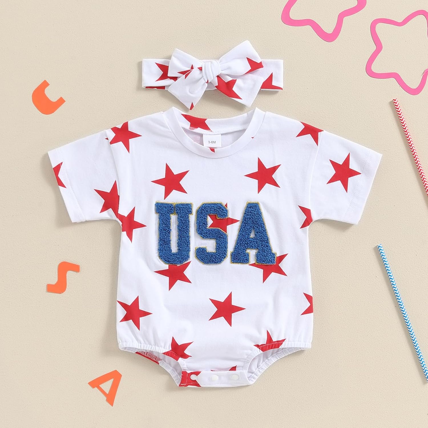 Baby Girl Boy 4th of July Outfit Stars Bubble Romper Newborn USA Short Sleeve Fourth of July Memorial Clothes - Image 2