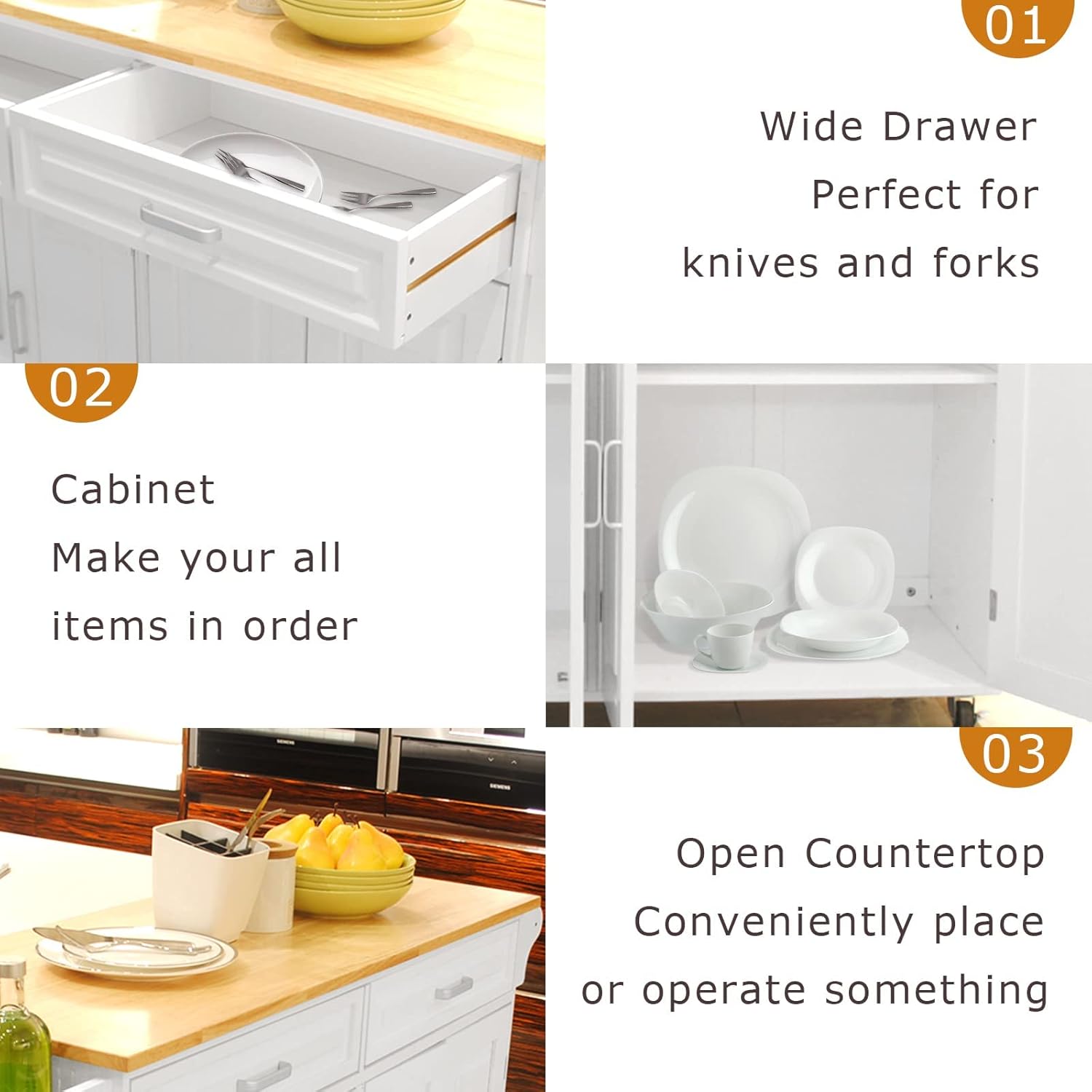 QCen Kitchen Island Cart with Storage Drawer, Spice Rack and Towel Holder, Kitchen Bar and Serving Carts on Wheels with Utility Cabinet Trolley for Home Hotel Kitchen Dinning Room, Soild Wood Top