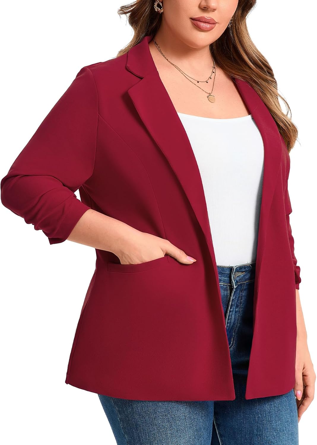 Plus Size Blazers for Women Casual Work Office 3/4 Sleeve Open Front Cardigan Suit Jacket Blazer with Pockets - Image 2