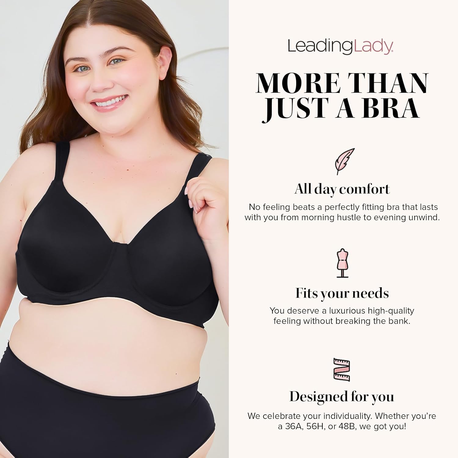 Leading Lady, Brigitte Full Coverage, Wireless, Padded T-Shirt Bra, Ballet Back, Side & Back Smoothing, Wide Straps, 36A-54G - Image 4