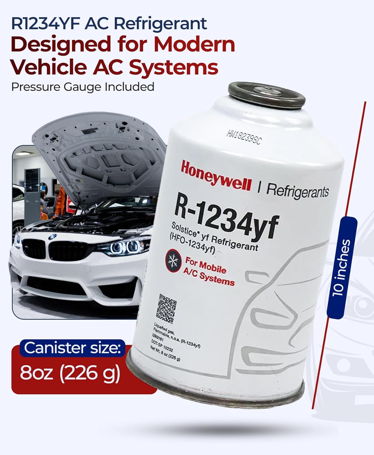 ZeroR® R1234YF Refrigerant Recharge Kit with 1 X 8oz R1234YF Can & 24" HD Brass Can Tap Gauge -, Ideal for Automotive AC Systems, Reverse-Thread Design - Easy Access to Hard-to-Reach Ports