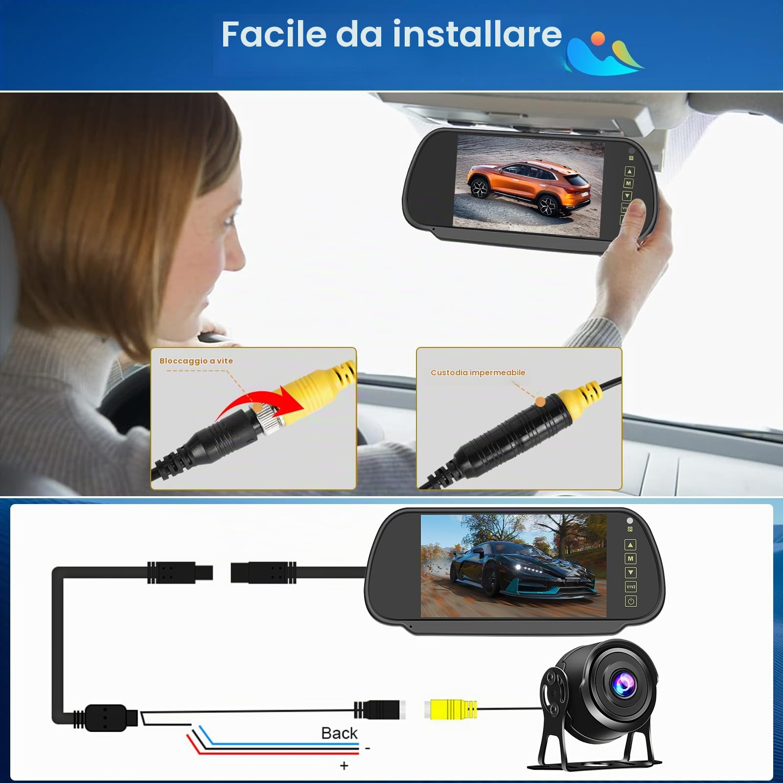 Hikity Telecamera Retromarcia Wireless 7" 1080P 170° IP66 | Monitor per Auto, Visione Notturna HD, per Camion, SUV, Furgoni