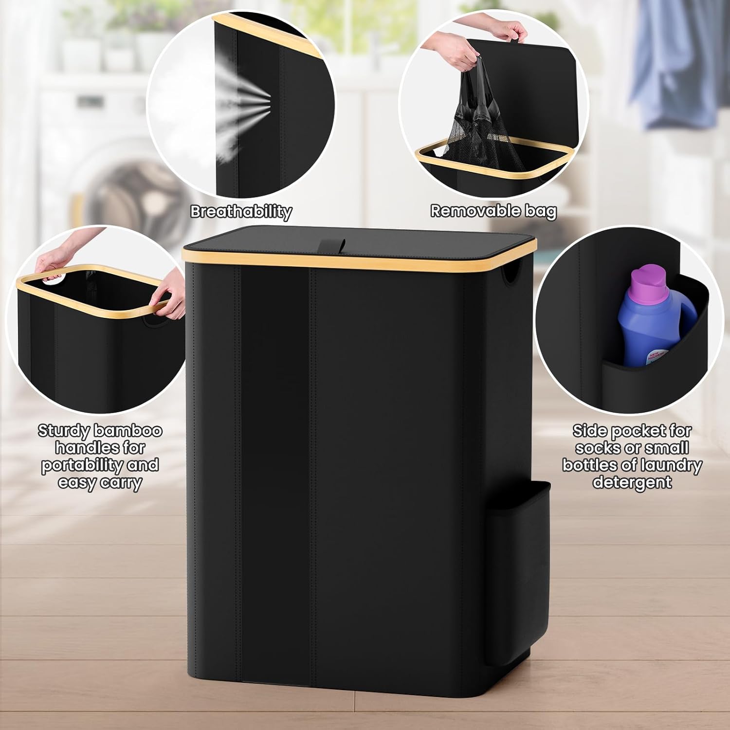 BlissTotes Laundry Basket with Lid, 80L Clothes Laundry Hamper with Handles and Removable Laundry Bag, Breathable Design Hamper with Lid for Bedroom, Bathroom, Dorm, Laundry Room - Black