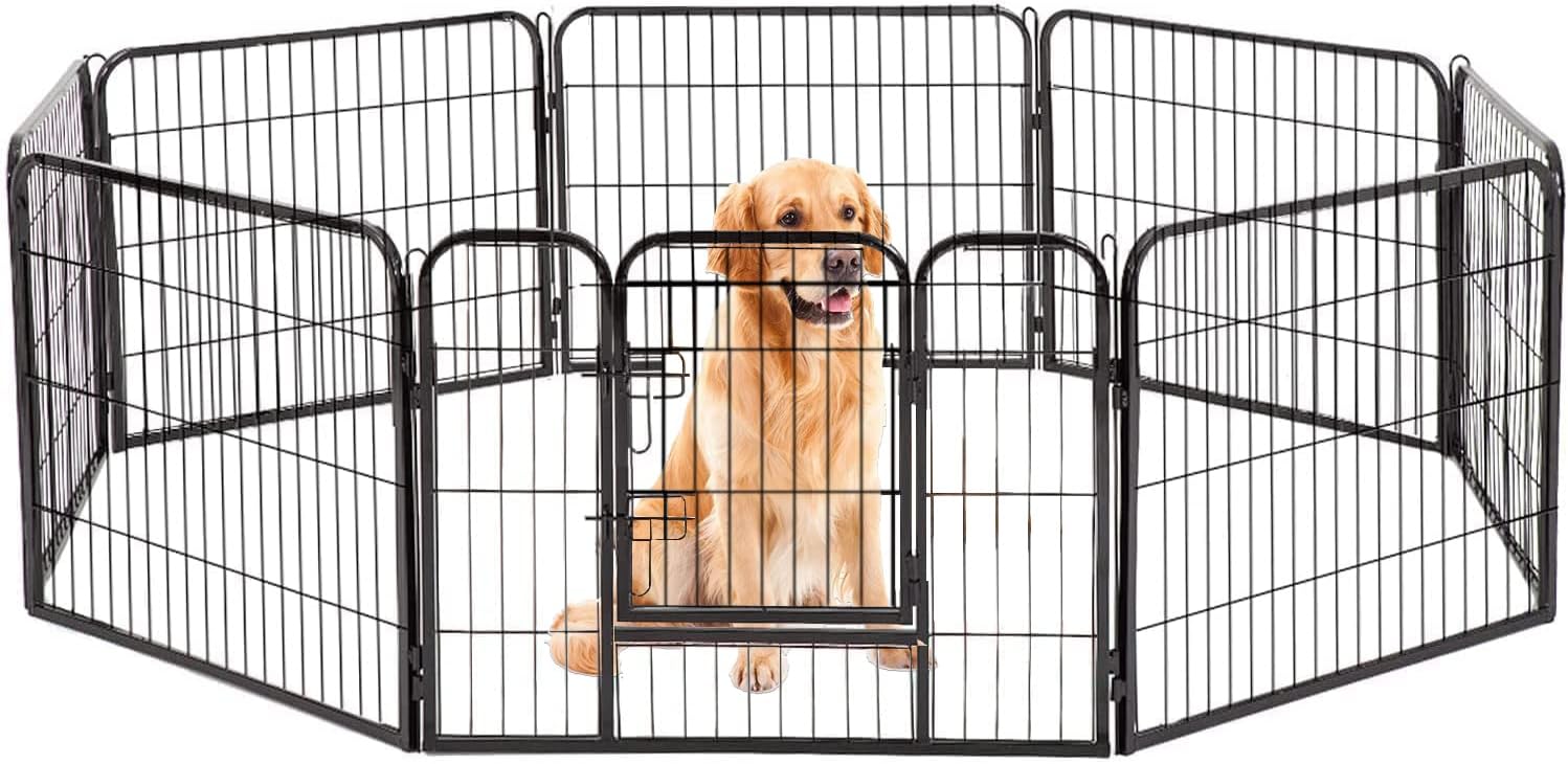ウェリナ ペットフェンス 犬猫 中大型犬用 ペットケージ パネル8枚 折り畳み式 ペットサークル 床保護 カタチ変更可能 組立簡単 室内外兼用 滑り止めキャップ付き スチール製 80 100cm 8枚 最大60 オフ