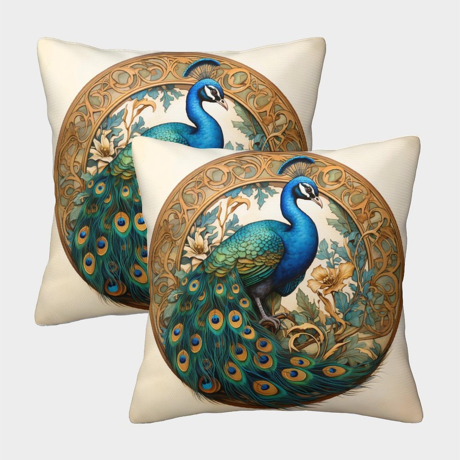 Mefese Peacock-17 3D Printed Peacock Throw Pillow Covers Beautiful Peacock Square Throw Pillow Garden Cushion Super Soft Pack Of 2 For Sofa Couch Bed 45X45cm
