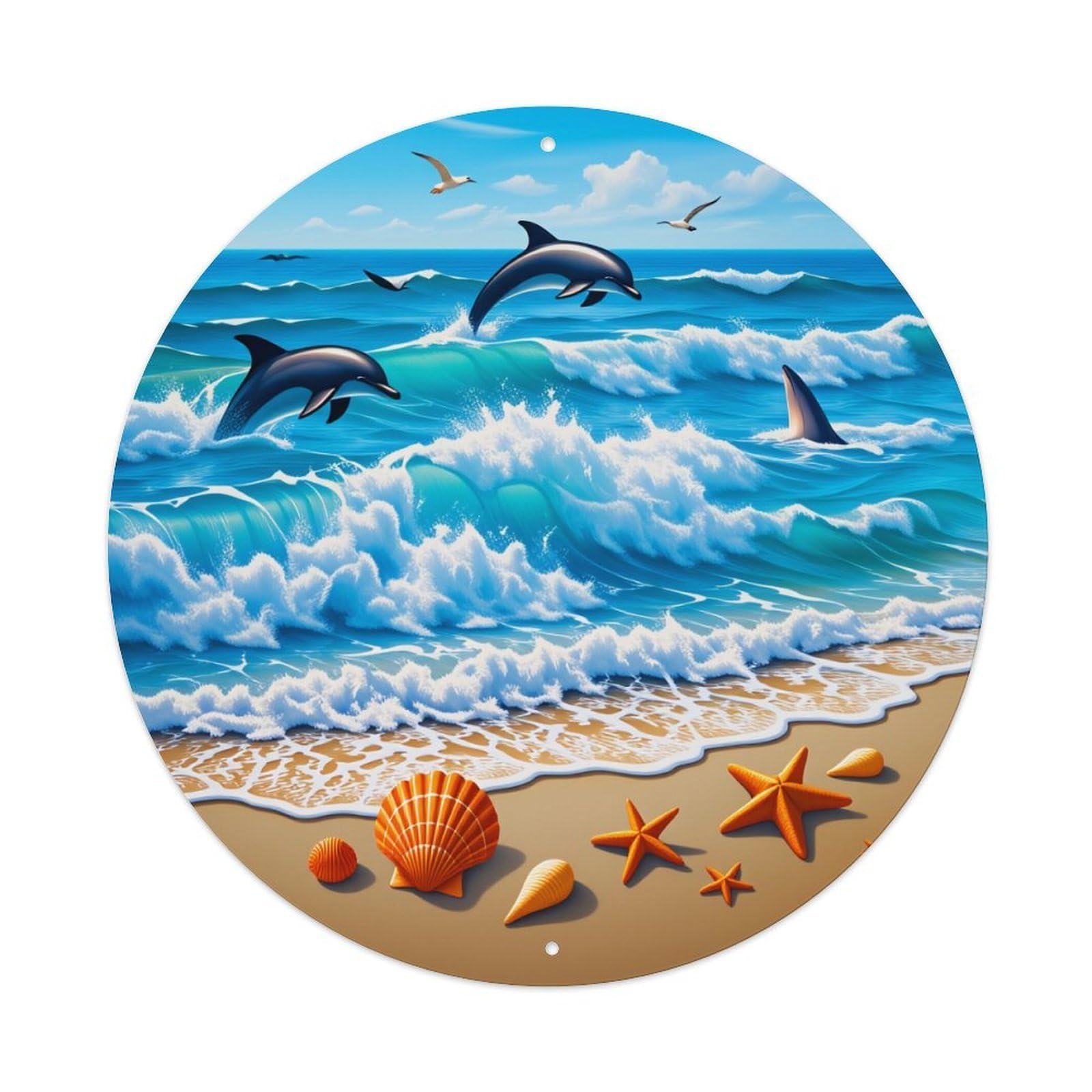 Wmlzdnwr Vintage Ocean Waves Dolphins Seashells Starfish Beach Sky Birds Round Tin Sign,Retro Wall Art,Metal Poster For Home, Bar, Garage, Cafe, Rustic Indoor & Outdoor Decor, 8X8 Inches