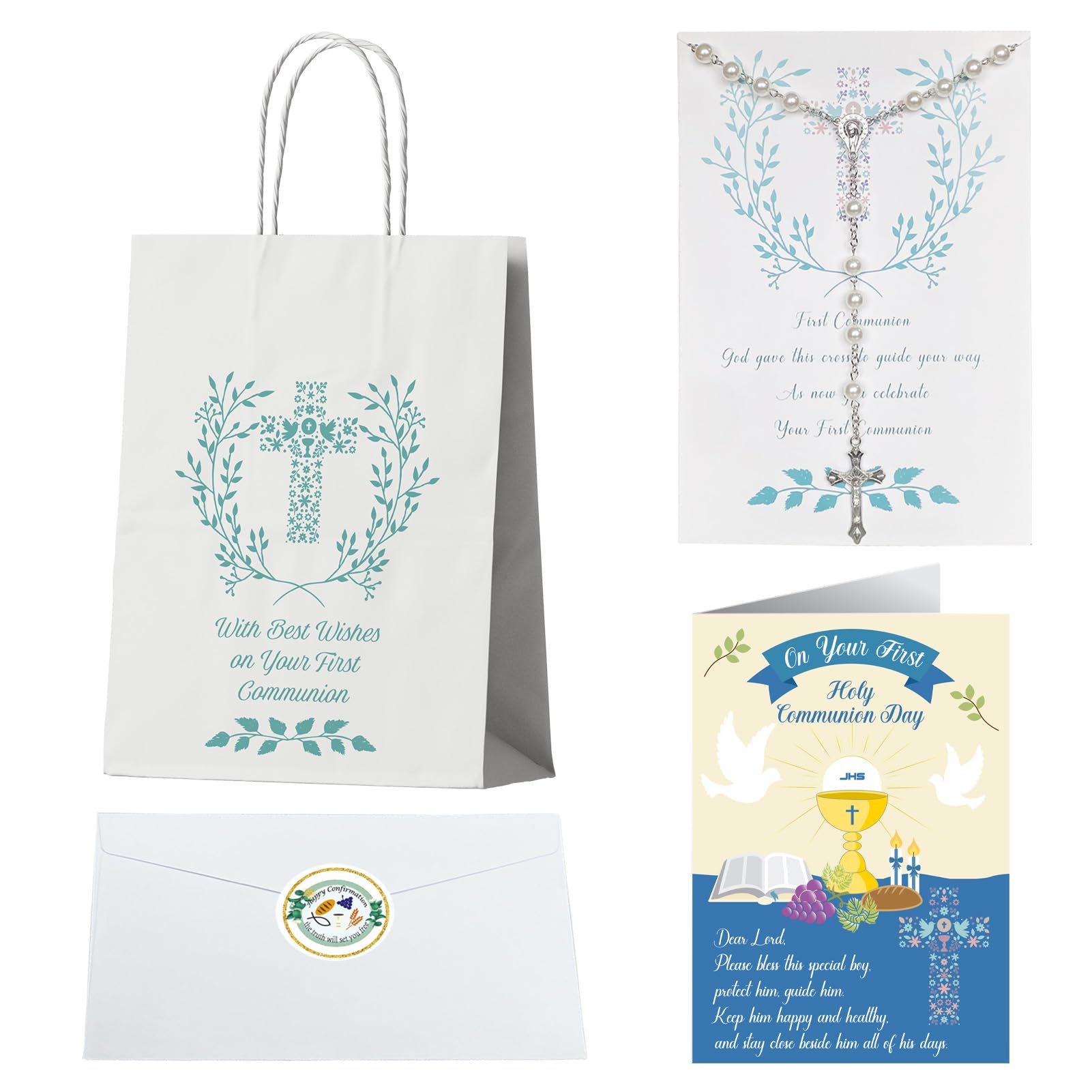 Set Regalo Prima Comunione Per Ragazzi: Biglietto Auguri, Collana Con Croce E Rosario Di Perle, Sacchetto Regalo, Blu