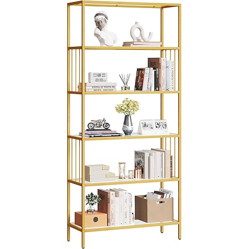 YITAHOME 6 Tier Bookshelf, Tempered Glass Bookcase Book Shelf Slim Shelving Unit for Bedroom, Bathroom, Home Office, Steel Frame, Gold