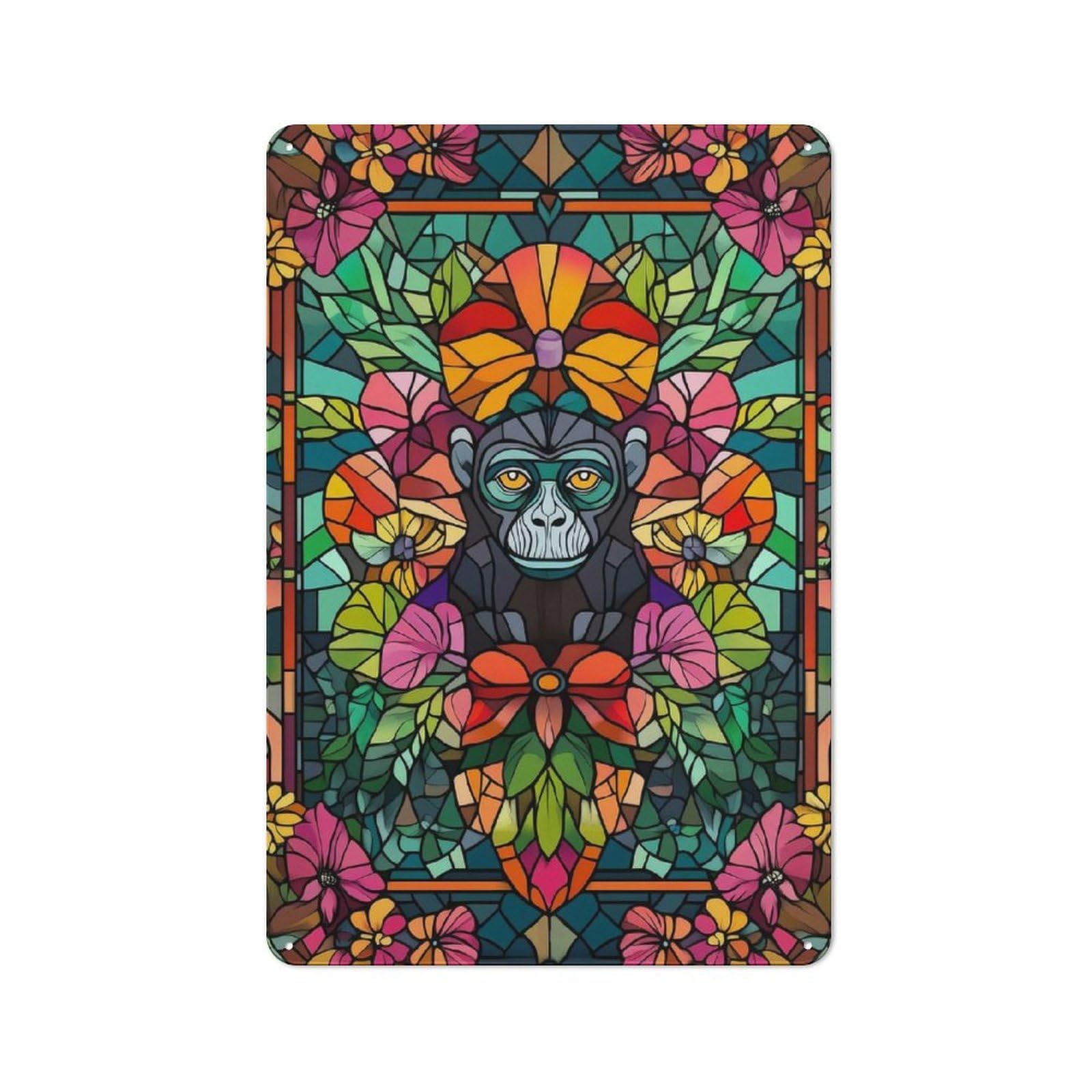 Junmoney Stained Glass Monkey Metal Plaque 30X20cm With For Hallway Wall, Rustic Decor, For Garage, Workshop And Man Cave Decoration