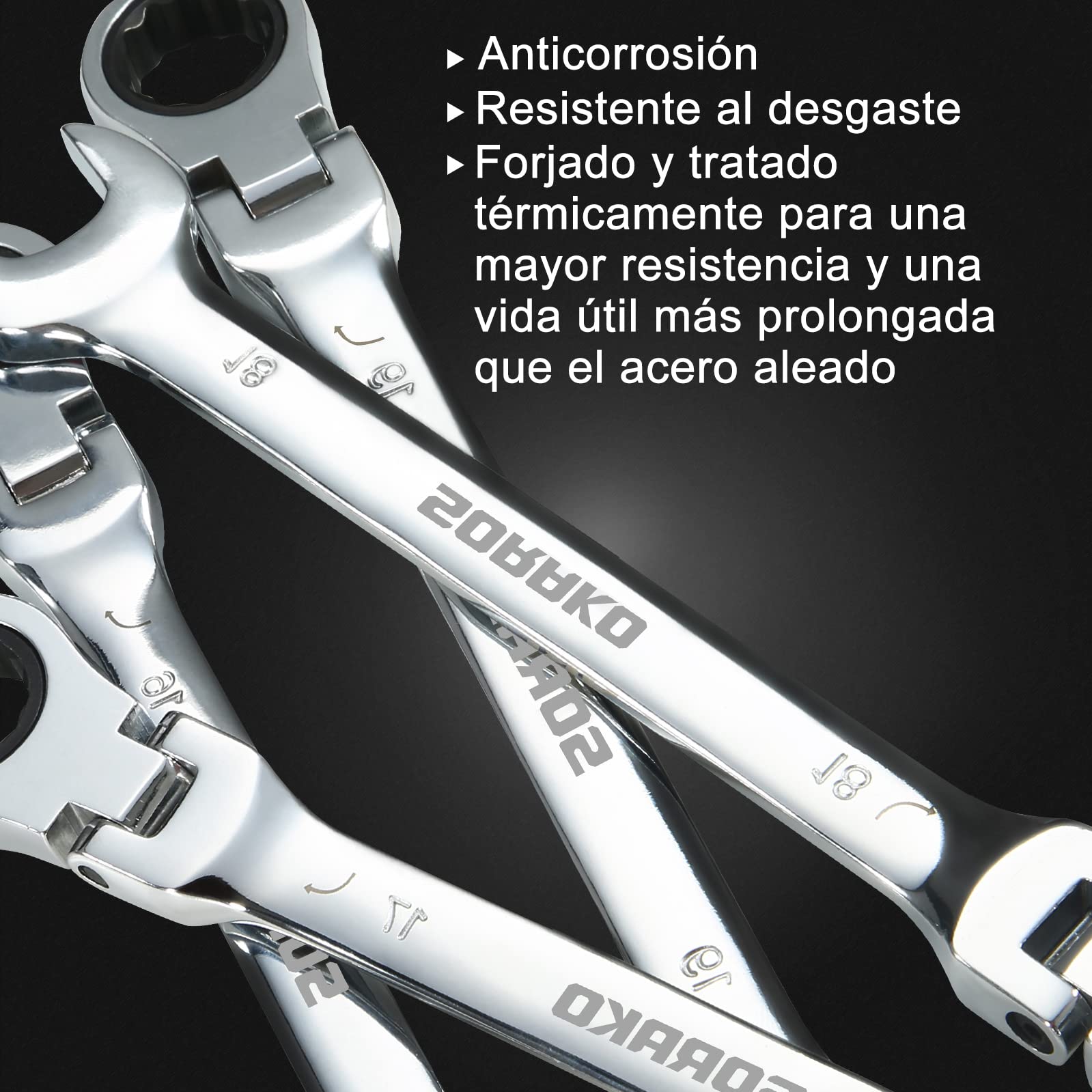 SORAKO Llaves Fijas con Carraca 8-19mm, 12Pcs Llave de Carraca con Bolsa Enrollable, llaves Combinadas Juego de llaves, Adecuado para reparación de automóviles, mantenimiento industrial