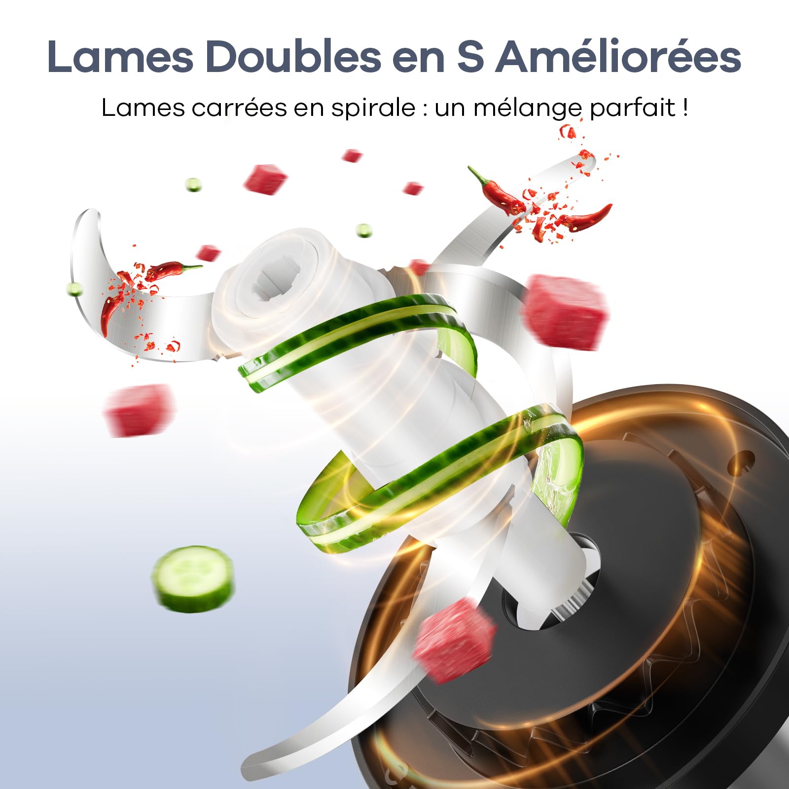 Ganiza Hachoir de Cuisine Électrique 500W, Robot Hachoir avec 2 Bols 1,8L + 1,8L, 2 Doubles Lames, 2 Vitesses, Mini Hachoir Électrique pour Viande, Légumes, Noix