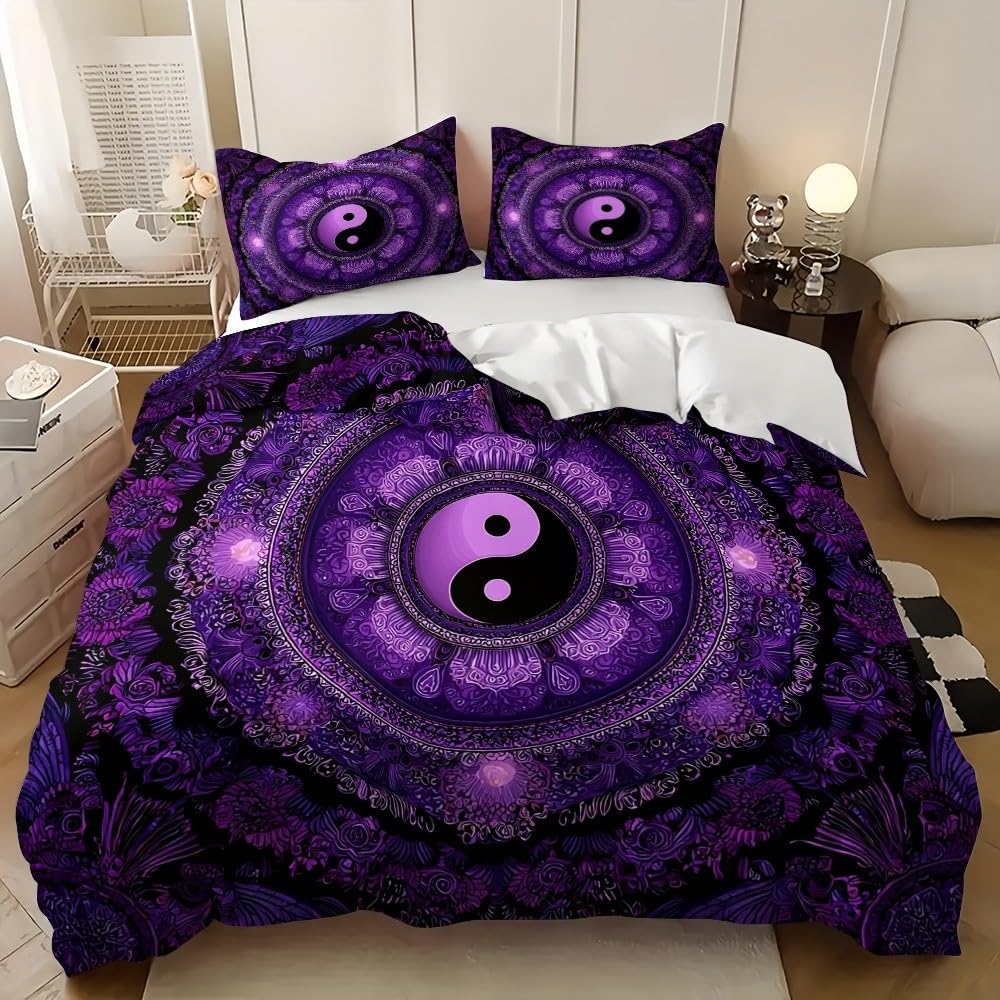 Pościel 155 x 220 cm, wzór czeskiego mandali, komplet pościeli, 100% mikrofibra, nie wymaga prasowania, nie gniecie się, można prać w pralce, kolor fioletowy, dwustronna, z poszewką na poduszkę 80 x