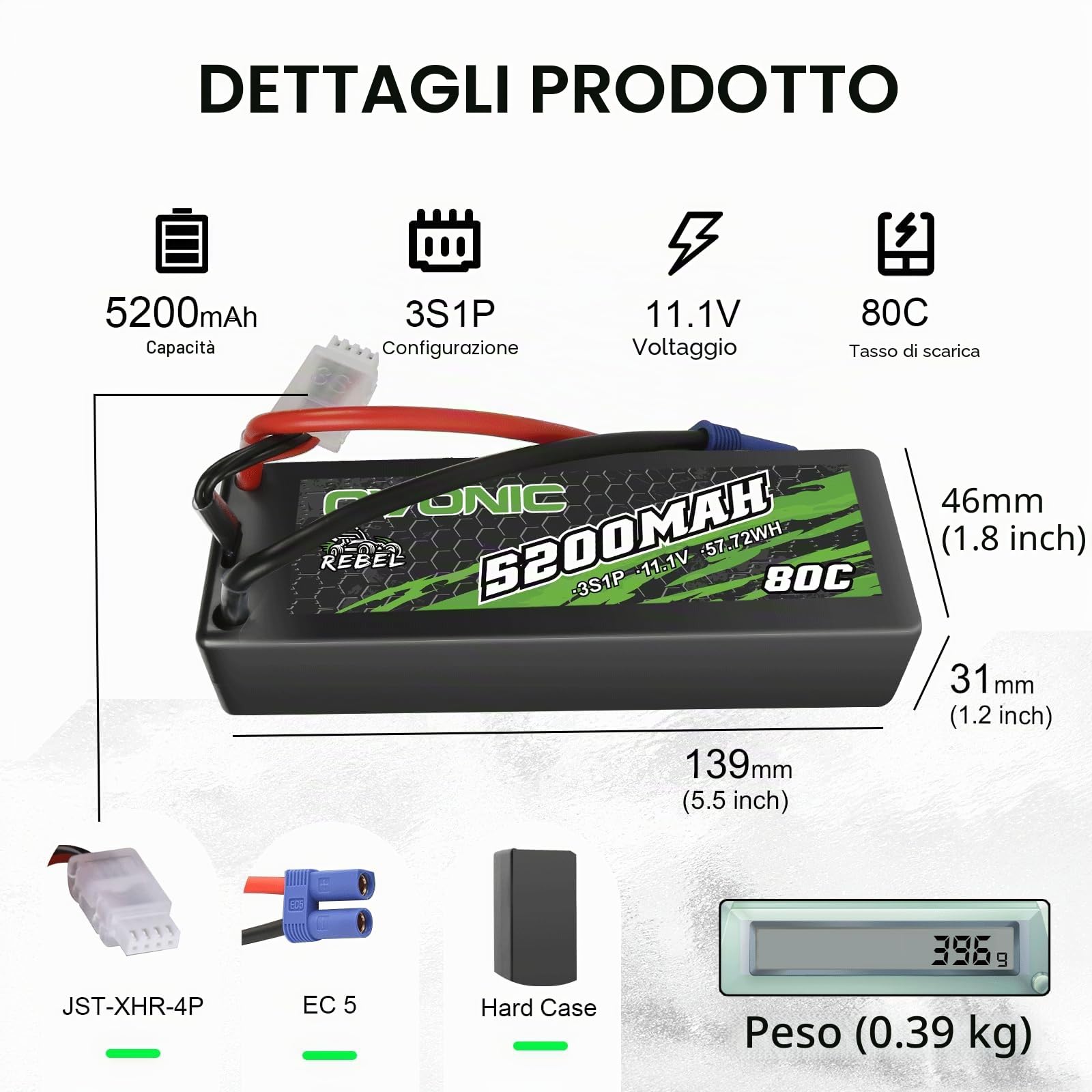OVONIC Batteria Lipo 3s 5200mAh 80C 11.1V Custodia Rigida con Connettore EC5 per RC Auto Barca Camion Buggy Team Associato Hobby FAI DA TE