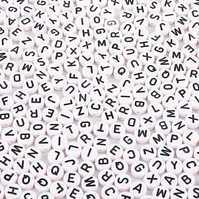 1000 Pcs Acrylic Letter Beads Alphabet Beads for DIY Necklace Bracelet Jewelry Making, Come with a Roll of Clear String (Round-White&Black)