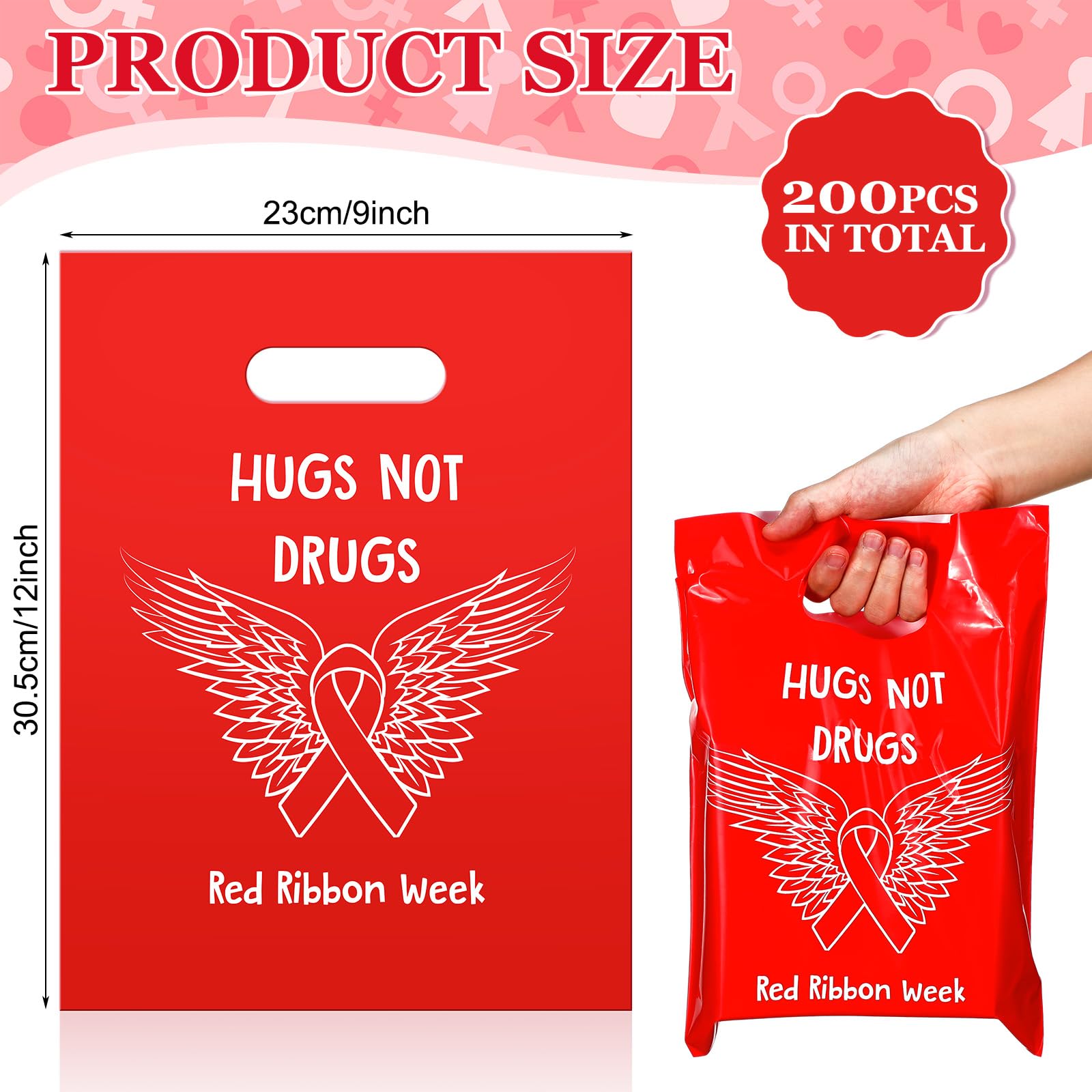Watersay 200 Pcs Red Ribbon Week Party Supplies Bulk Bags 9 x 12 Red Ribbon Plastic Goodie Bags Favor with Handles Drug Free Gift Bags Anti Drugs Treat Bags for Red Ribbon Awareness Publicity Event