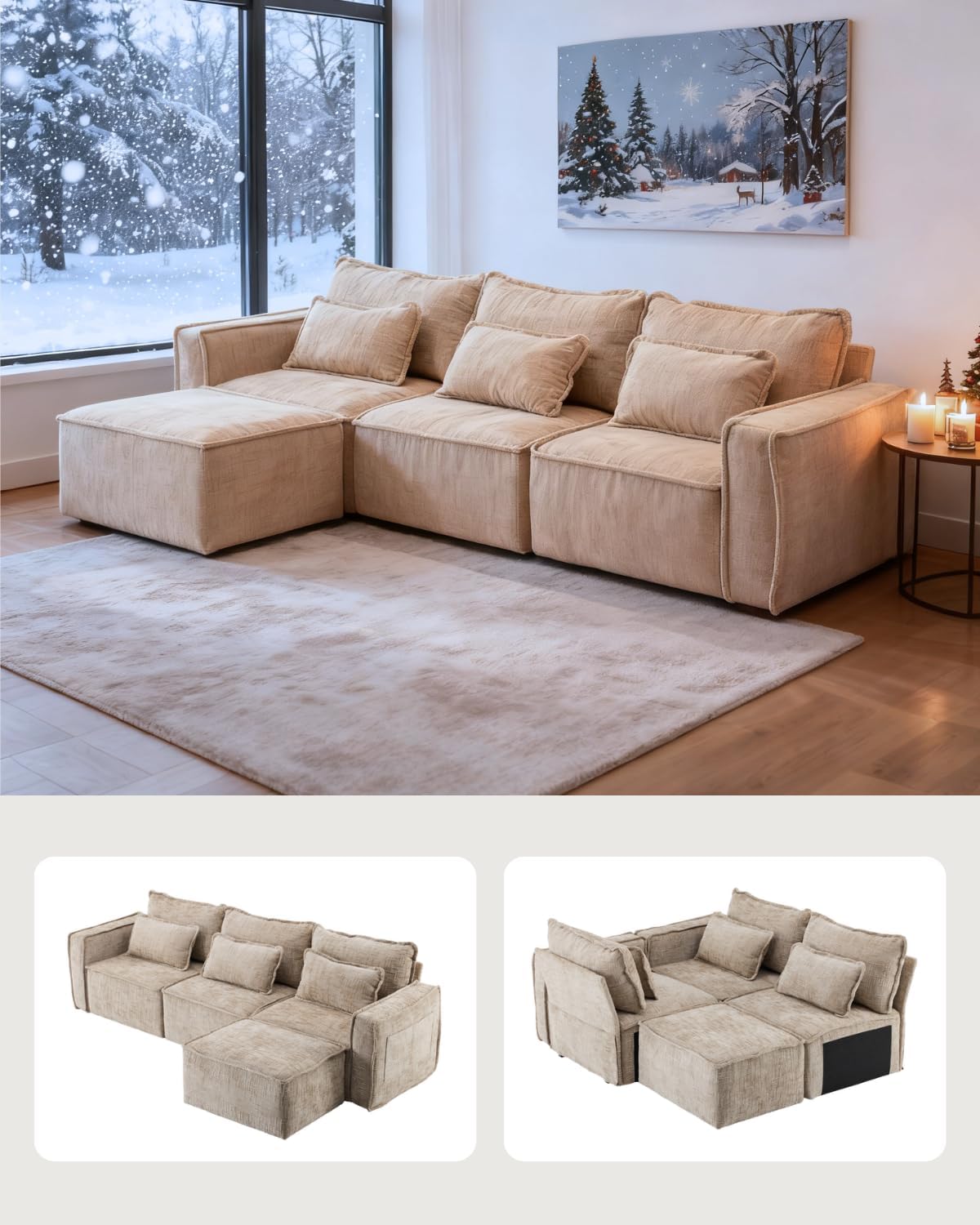 Karl home 110″ Cloud Sectional Couches with Moveable Ottoman