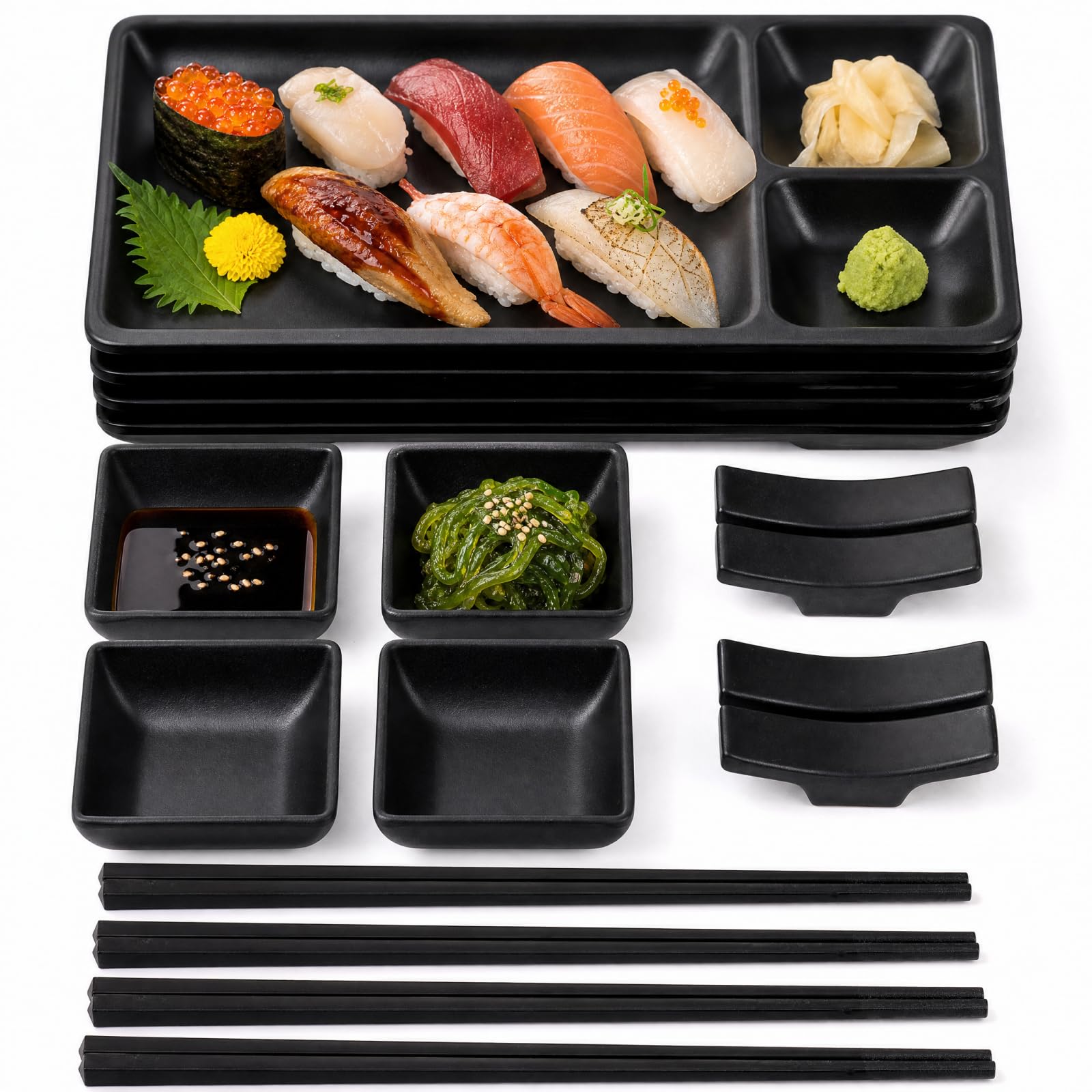 Pumtus Service de table japonais 16 pièces en mélamine pour sushi – Comprend 4 assiettes de service à sushi, 4 plats à sauce soja, 4 paires de baguettes, 4 supports de baguettes (noir)