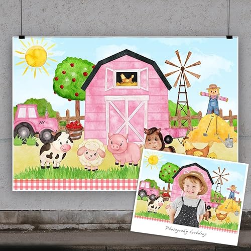 Miniatura 3 de Fondo de fiesta de animales de granja de dibujos animados de 7 x 5 pies, granero rosa, para niñas, baby shower, cumpleaños, fotografía, fondo,