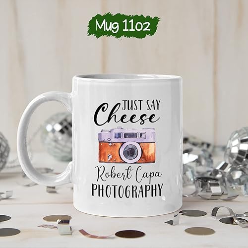 Miniatura 5 de Tazas de fotografía personalizadas con texto en inglés "Just Say Cheese"  Tazas de café para fotografía con nombre personalizado, taza de café para