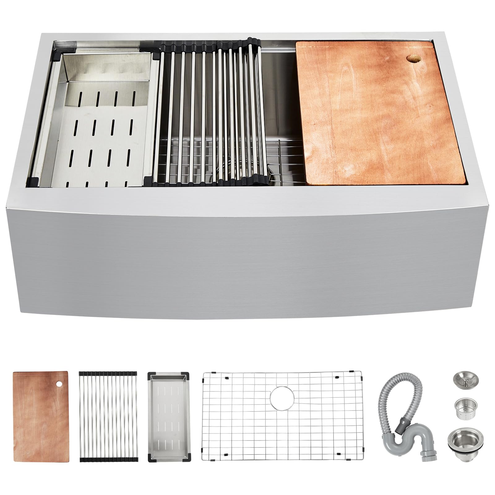 30" Farmhouse Apron Kitchen Sink, 304 Stainless Steel Single Bowl Top Mount with Accessories - Wood Cutting Board, Drain Rack &amp; Sink Protector for Kitchen Workstation