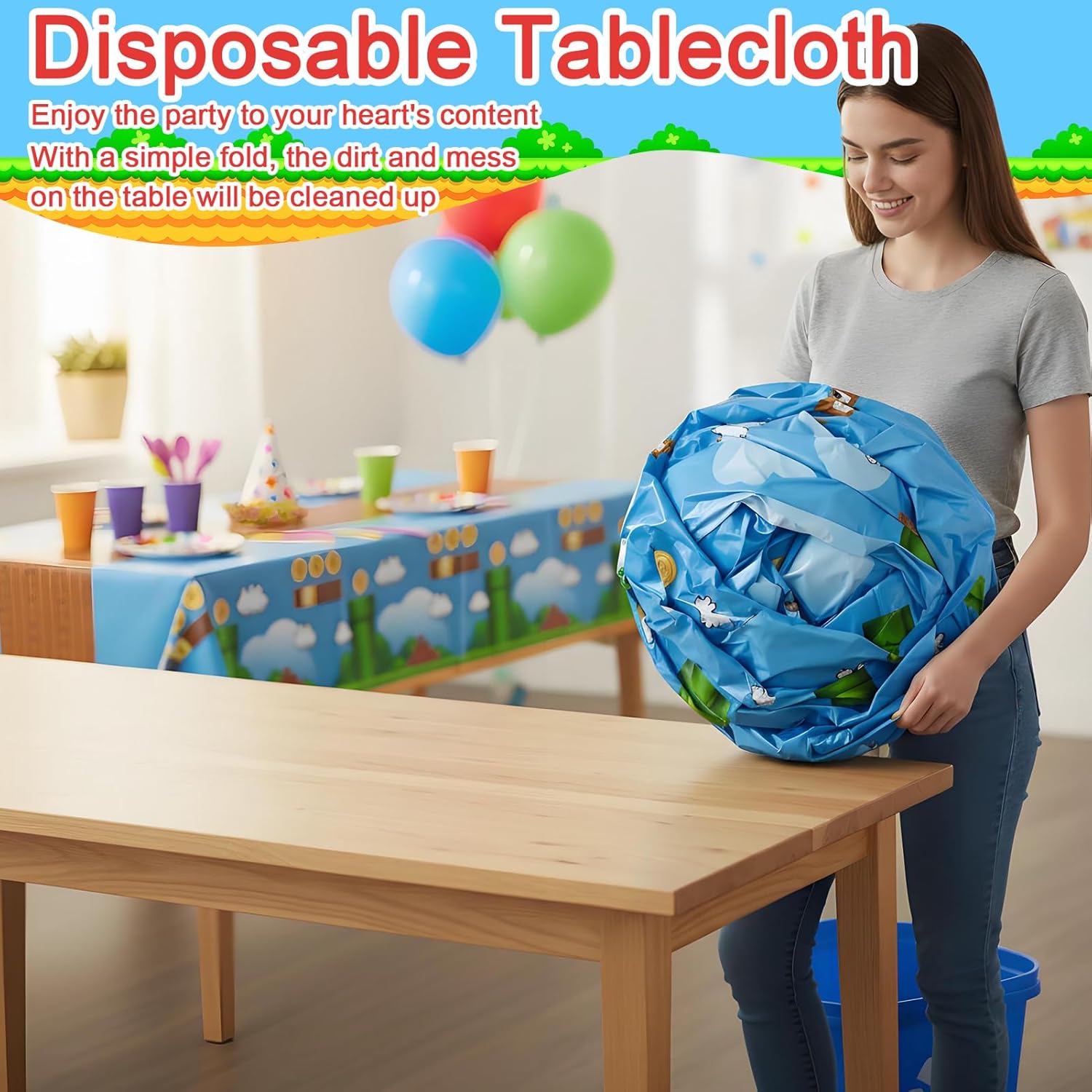 Adventure Classic Game Themes Tablecloths, Nostalgic Disposable Table Covers for Little Ones & Adults, 54 x 108 Inch Table Cloths for Birthday Parties (Malio, 6pcs)