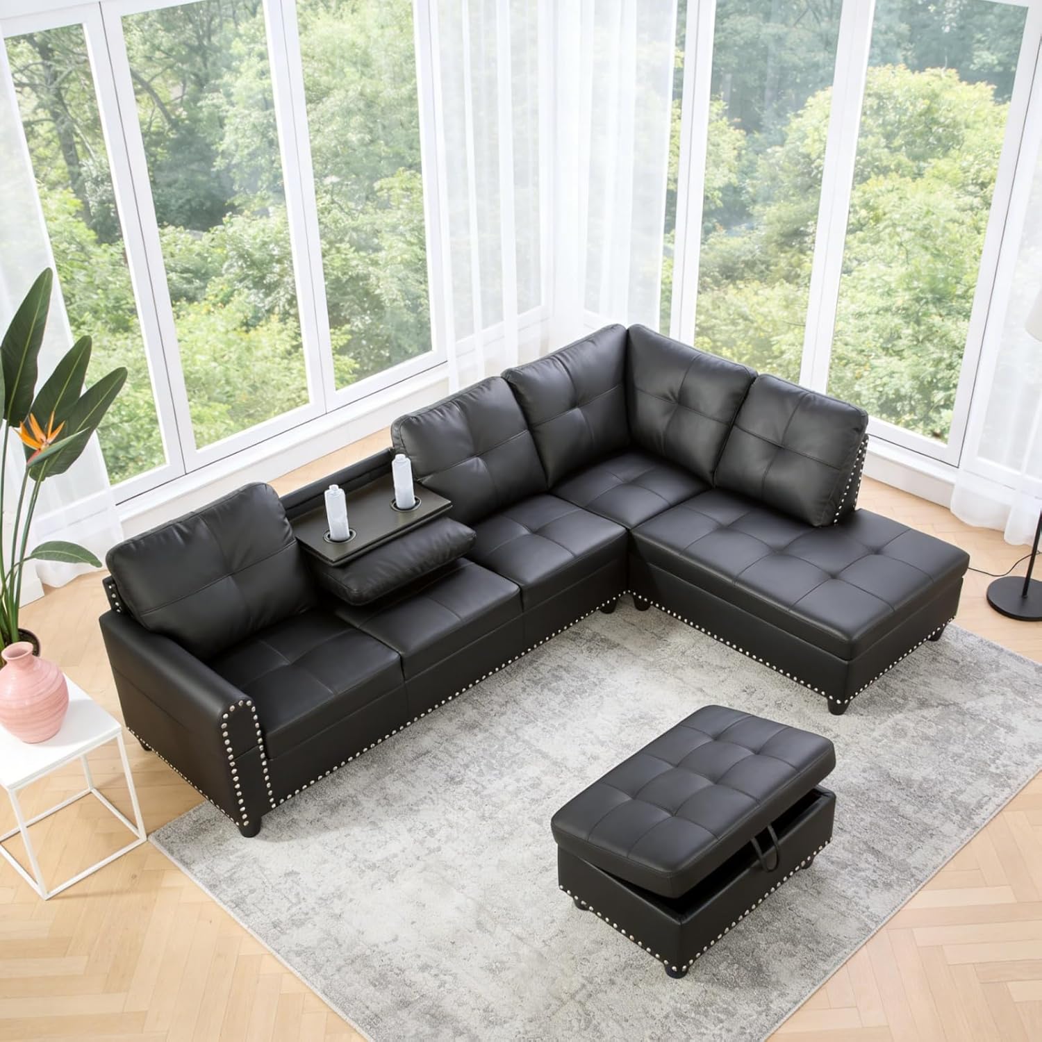 97.5" L-Shape Sofa with Storage Ottoman & Reversible Coffee Table, Leather Sectional Couch with Right Chaise, Modern 3-Piece Sofa Set, Upholstered Couch Set with Solid Wood Frame, Dark Grey