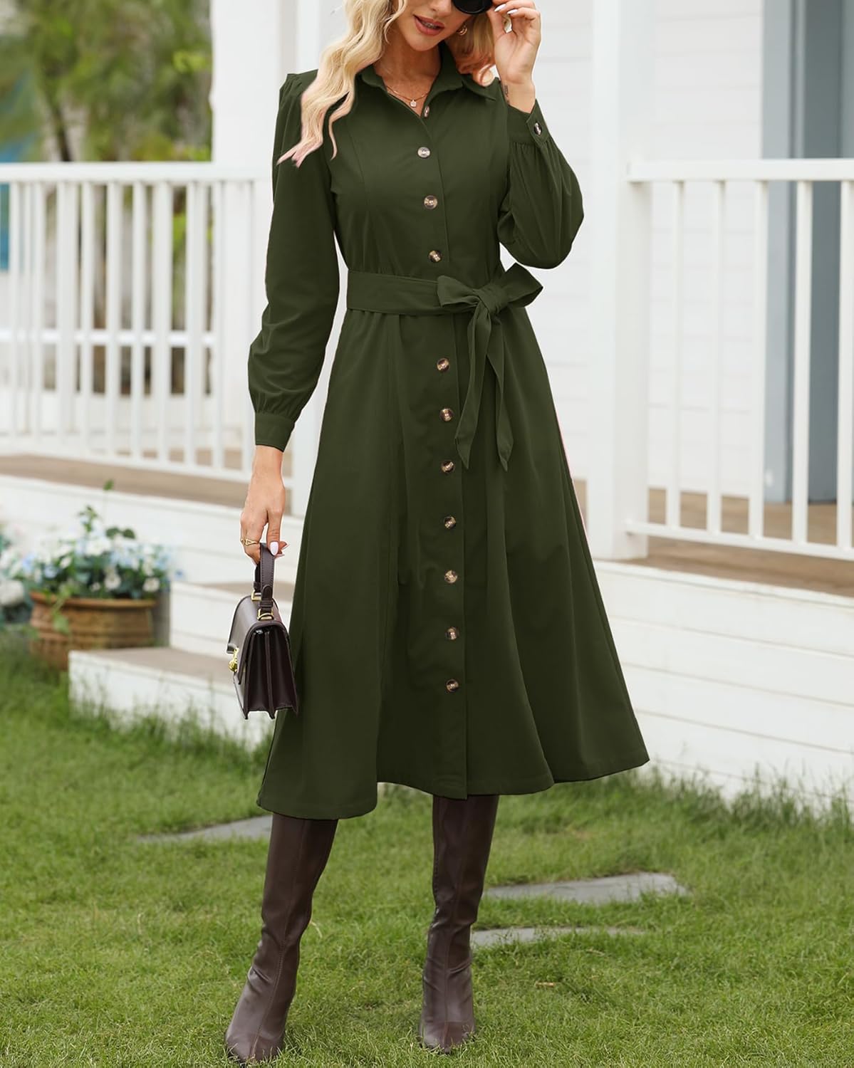Women's Corduroy Maxi Dress Long Sleeve Cord Button Down Fall Shirt Long Dress with Belt - Image 4