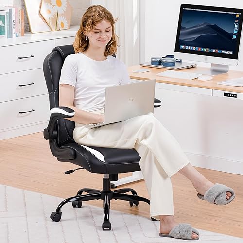Miniatura 2 de COMHOMA Silla ergonómica de escritorio para computadora de oficina para adultos, con brazos abatibles, altura ajustable, ruedas giratorias de piel