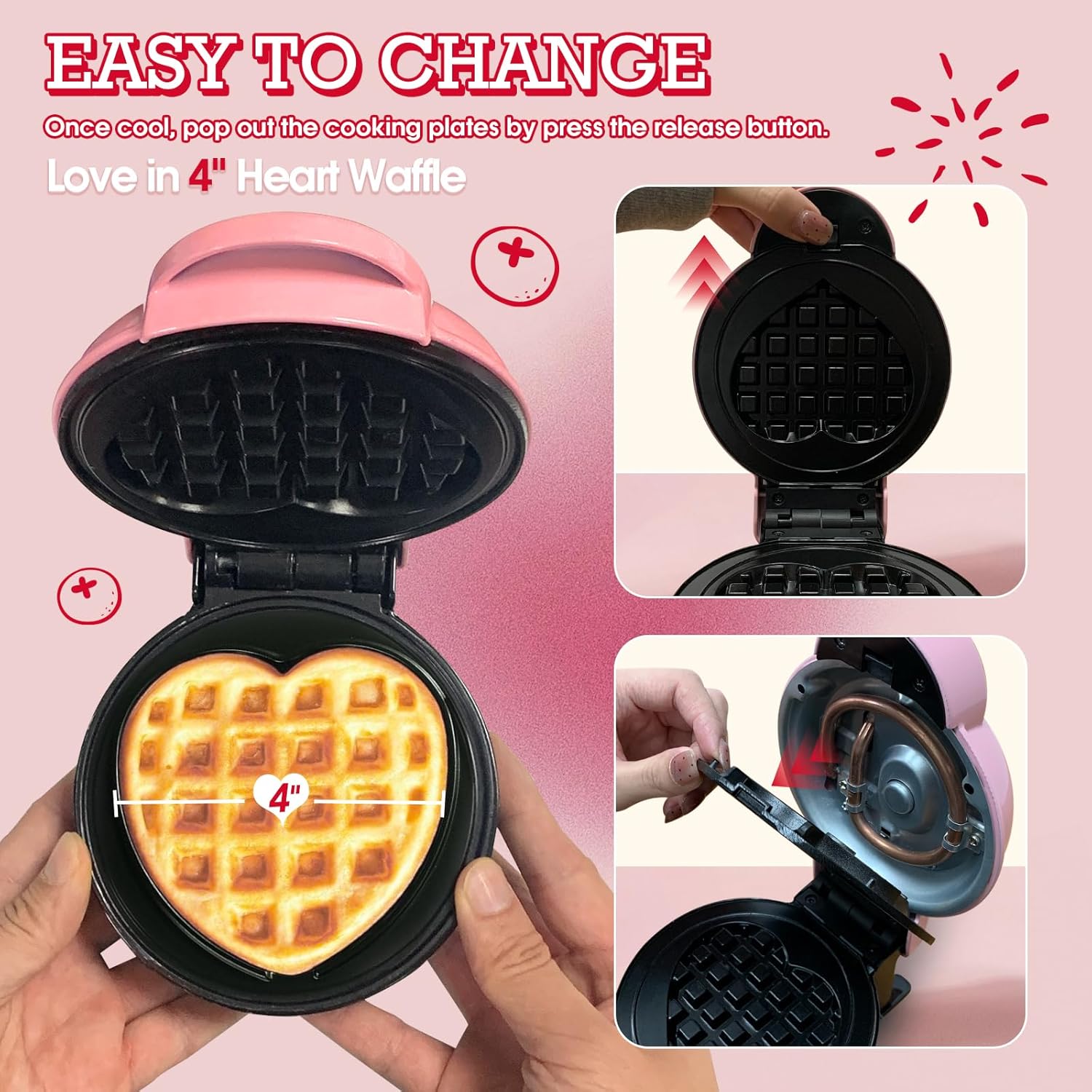 Mini Waffle Maker with 6 Removable Plates,Small Heart Waffle Maker Keto,3-in-1 Multi-plate set,Wafflera Iron for Kids Family&Individuals