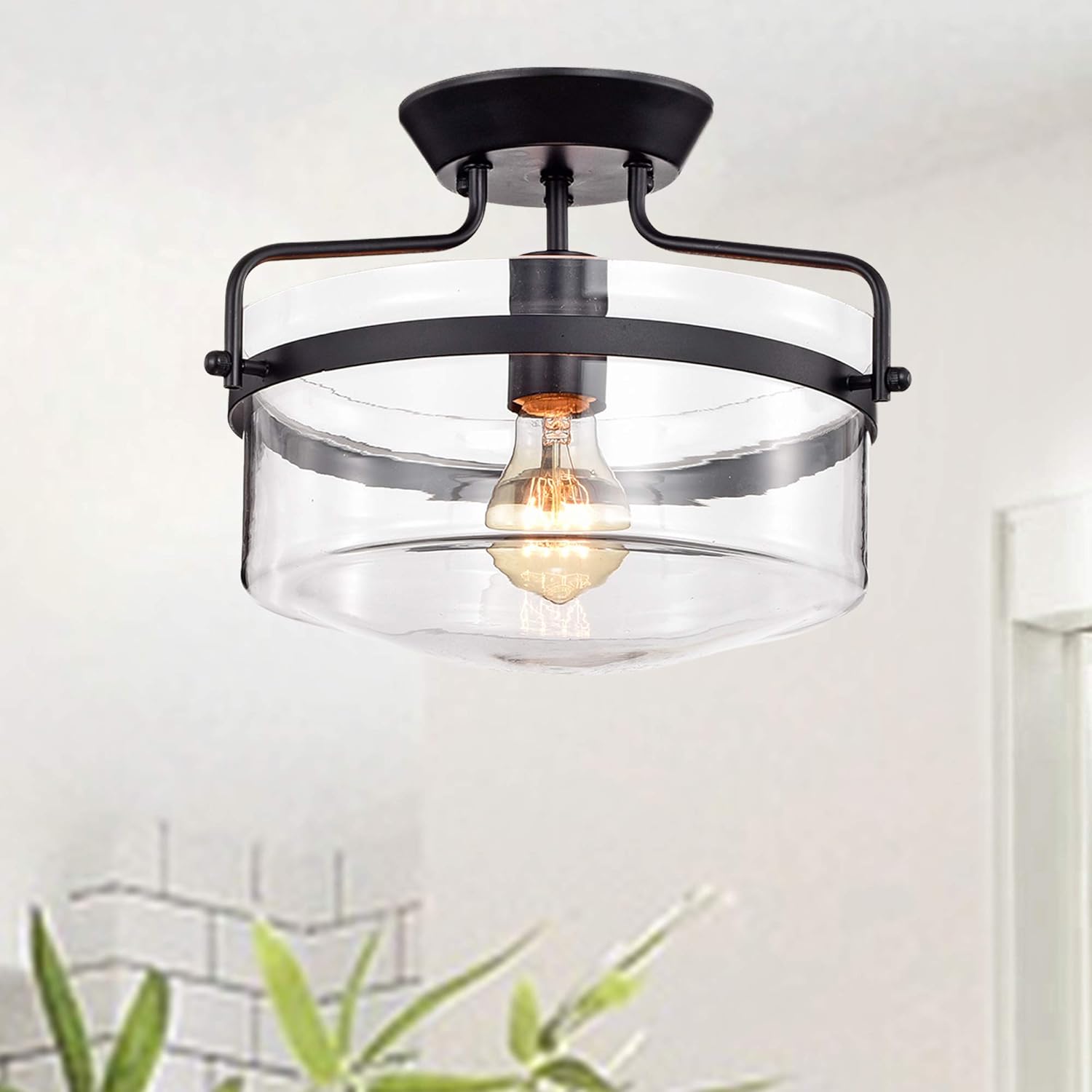 Warehouse of Tiffany CM018/1 Merwin 1-Light Matte Black Semi-Flush Ceiling Lamp Flushmount